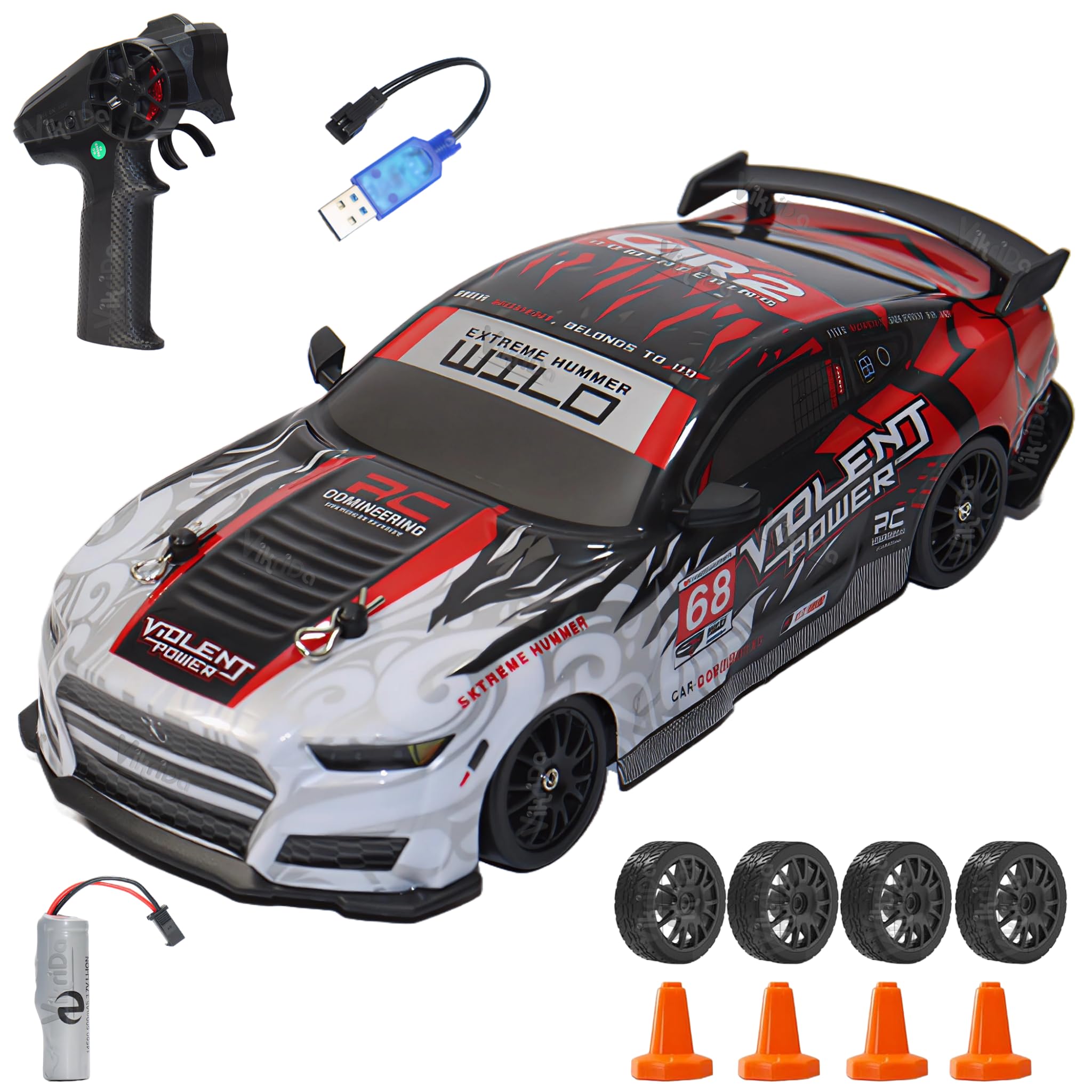 VikriDA 1:24 Scale RC Drift Car - 4WD High-Speed RC Racing Car with LED Lights, 2.4GHz Controller, Two Rechargeable Batteries & Drifting Tires - Multicolor-image-25