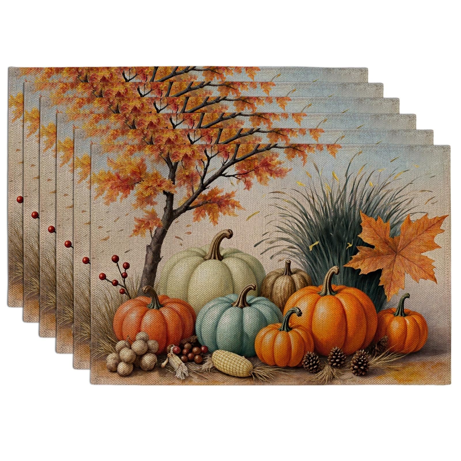 Autumn Pumpkin Placemats, Rustic Harvest Decorative Place Mats for Dining Table, Fall Thanksgiving Non-Slip Washable Indoor Outdoor Kitchen Party Placemats Set of 6