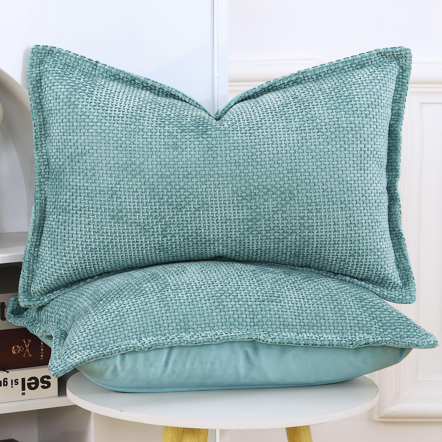 Madizz Set of 2 Chenille Velvet Cushion Covers with Flange Soft Boho Textured Throw Pillow Covers Broadside Pillowcases Modern Farmhouse Home Decor for Sofa Bedroom Turquoise 12x20 inch - Image 2
