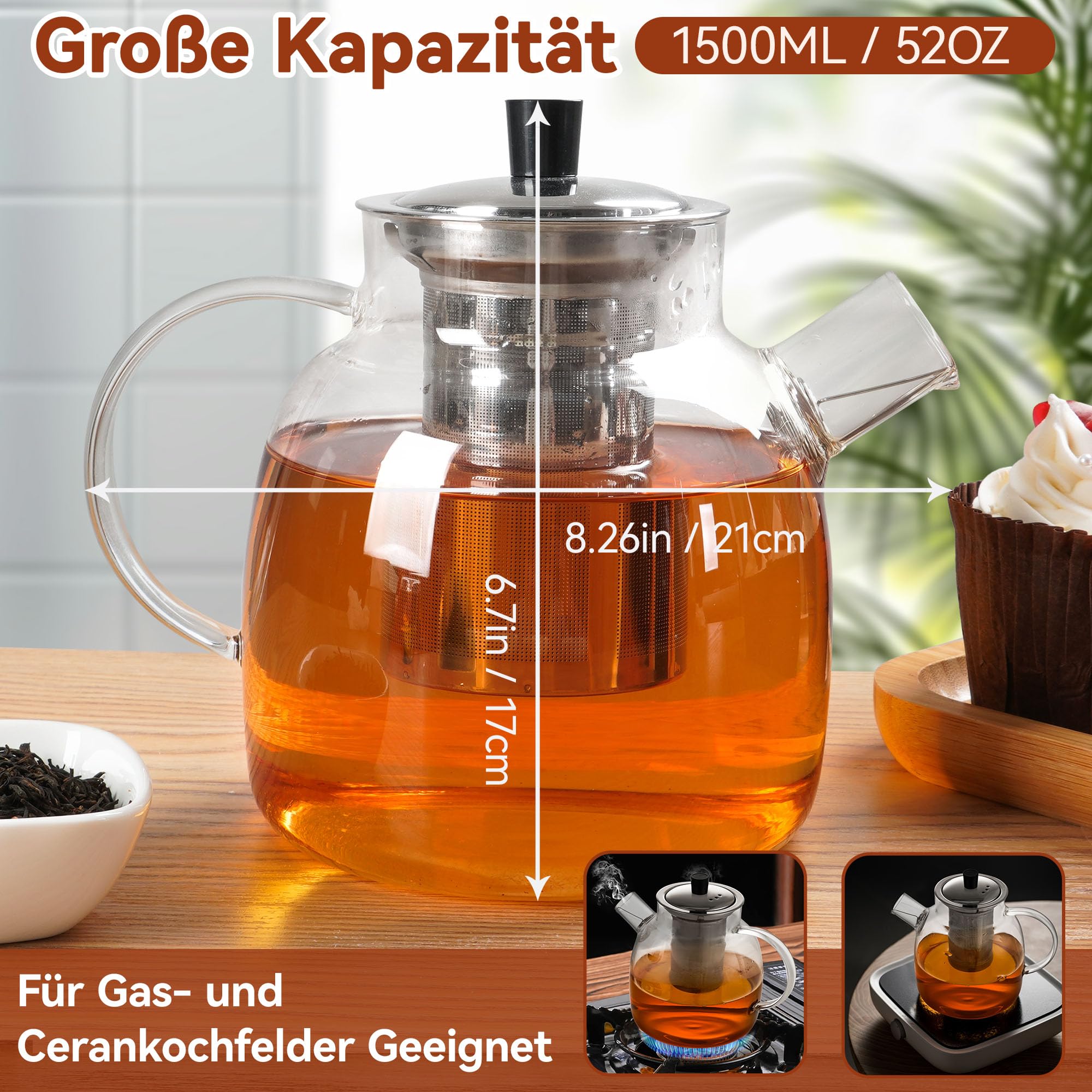1500ml Teekanne mit Siebeinsatz, Teekanne Glas Aus Hitzebeständigem Borosilikatglas, Wasserkaraffe Geeignet Zum Aufbrühen Von Tee, Blumentee, Früchtetee, Kräutertee Und Teebeuteln, Einfache Reinigung