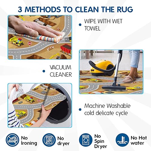 Miniatura 5 de Alfombra de juego de construcción de 39 x 59 pulgadas, antideslizante, para niños, camiones de construcción, alfombras de juegos, para autos,