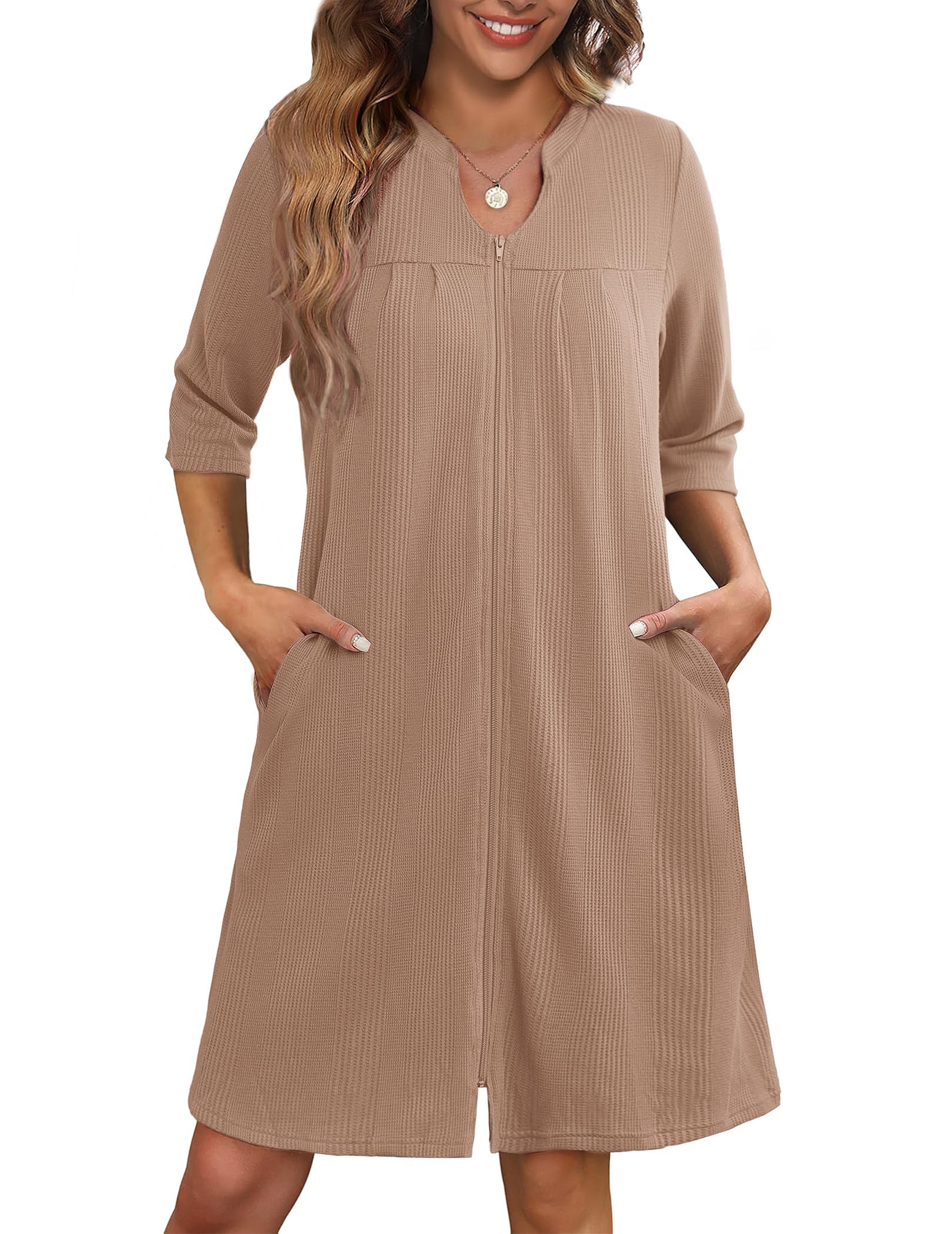 Ekouaer Zipper Robes for Women 3 4 Sleeve Waffle Knit Bathrobe Lightweight Short Housecoat with Pockets Soft Loungewear