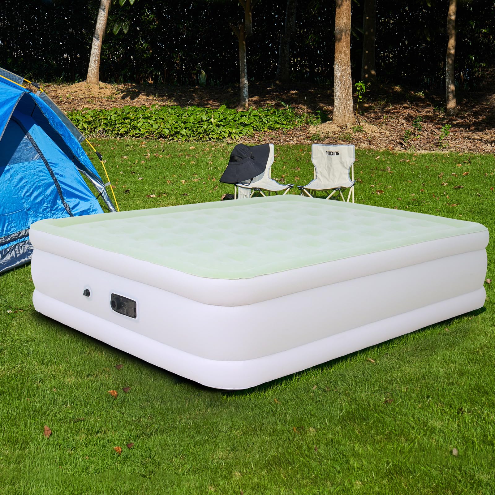 Colchón de aire tamaño Queen con bomba integrada, colchón inflable de 18 pulgadas, verde y blanco