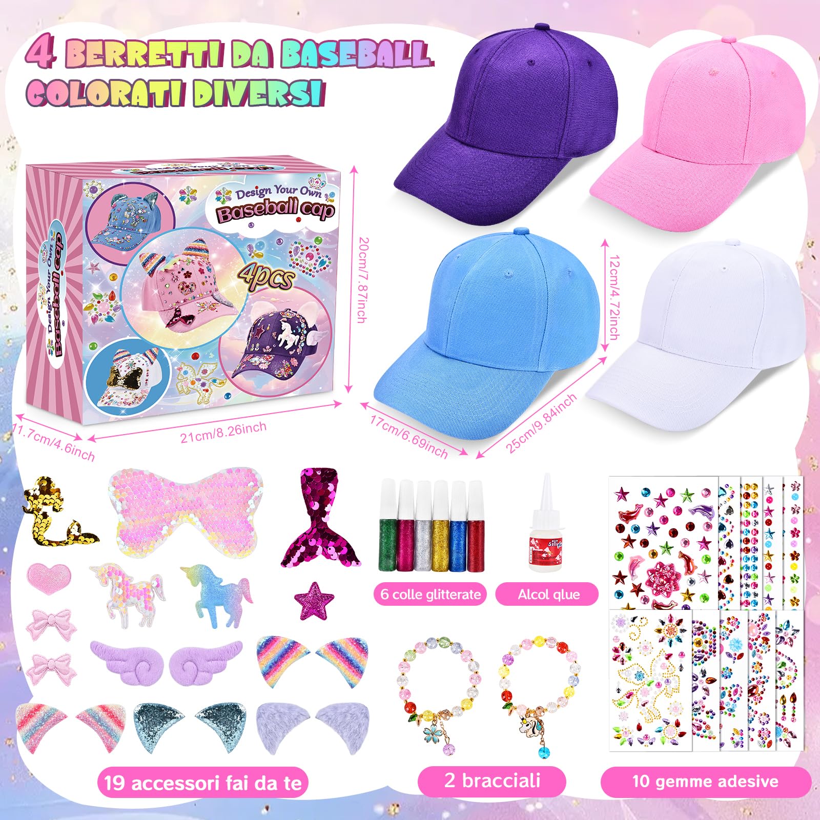 Aragallant Regalo Bambina 5 6 7 8 9 10 Anni, 4 PCS Kit Fai Da Te Cappellino da Baseball con Gemma Stickers e Braccialetti, DIY Berretto Baseball Idee Regali Ragazze Natale Compleanno di Nuovo a Scuola