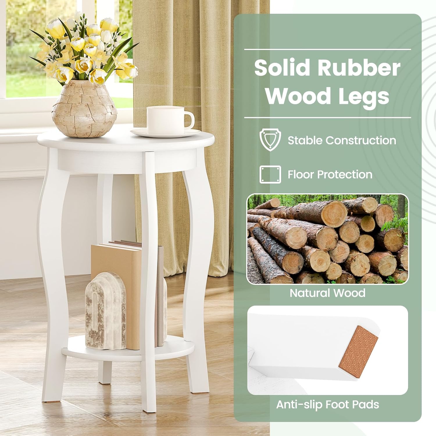 Giantex Round End Table, Wooden Side Table with Storage Shelf, Small Nightstand with Solid Wood Legs, 2-Tier Accent Table for Living Room Bedroom, White