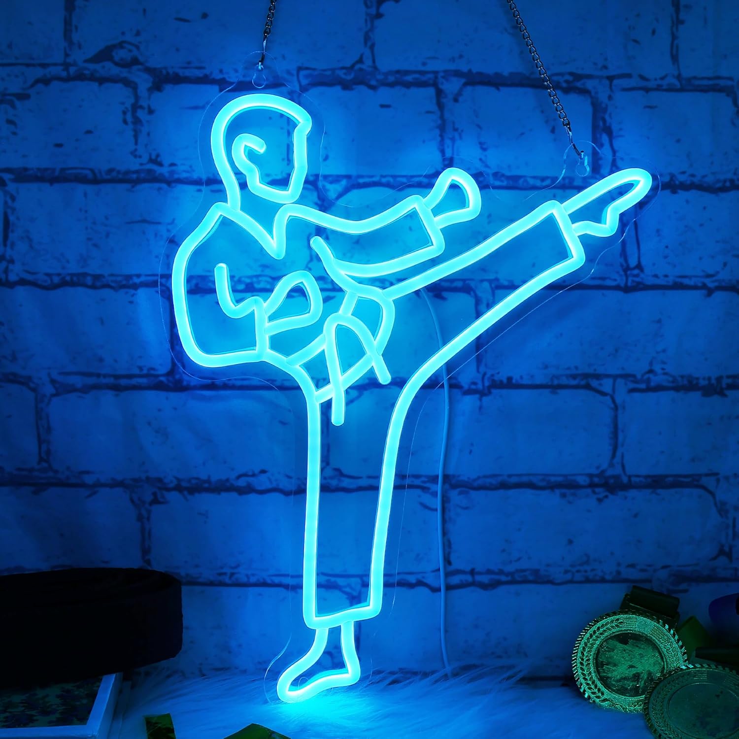 Ammonite Karate-Themed Decor, Pack of 2, Karate Player-Shaped Acrylic 3D LED Illusion Night Light + Dimmable LED Neon Wall Sign, Men Decor Light Birthday Christmas Gifts for Kids Boys Sports Fan