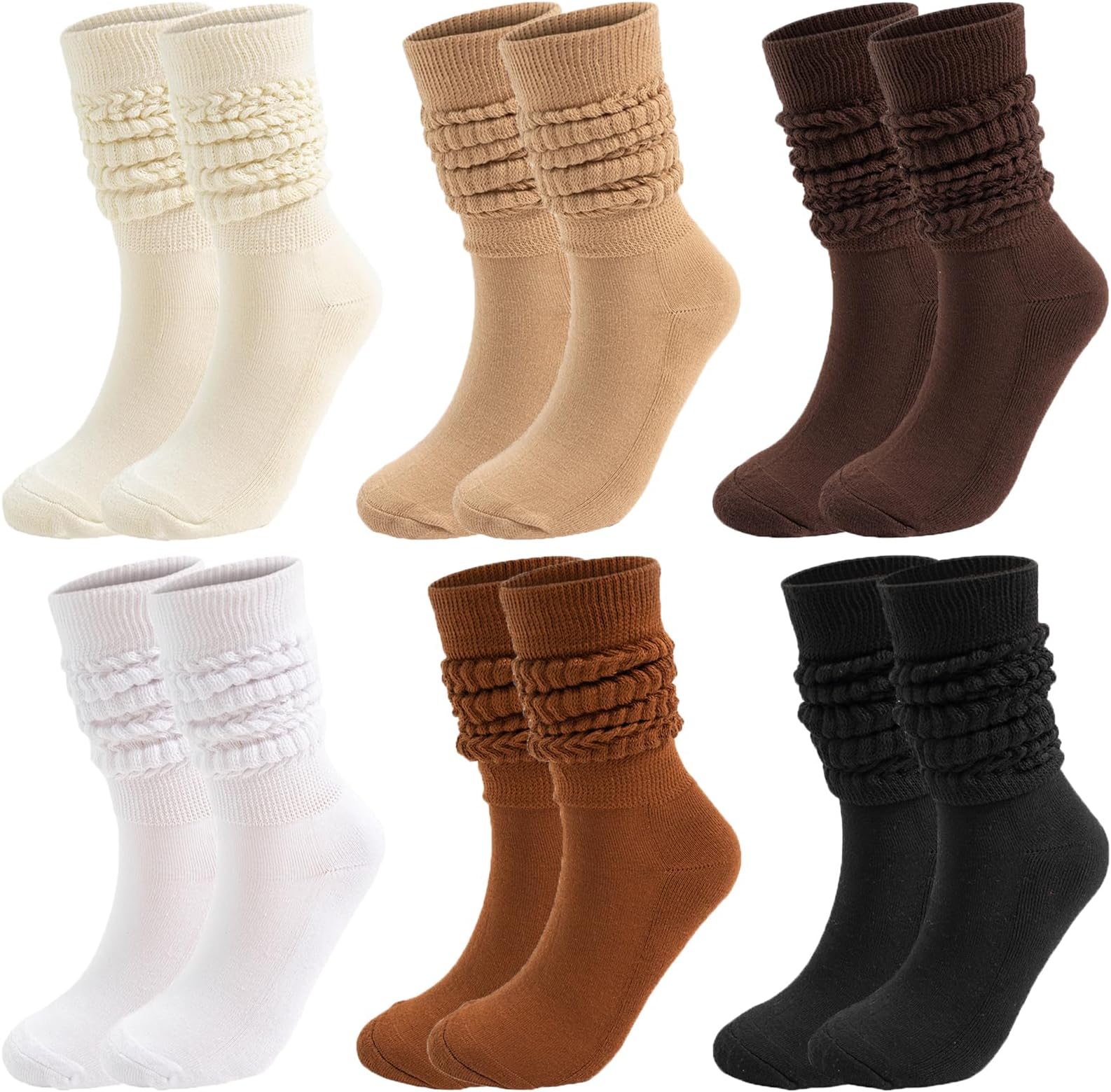 6 Pairs Slouch Long Scrunch Knee High Boot Socks - Knit Stacked for Women