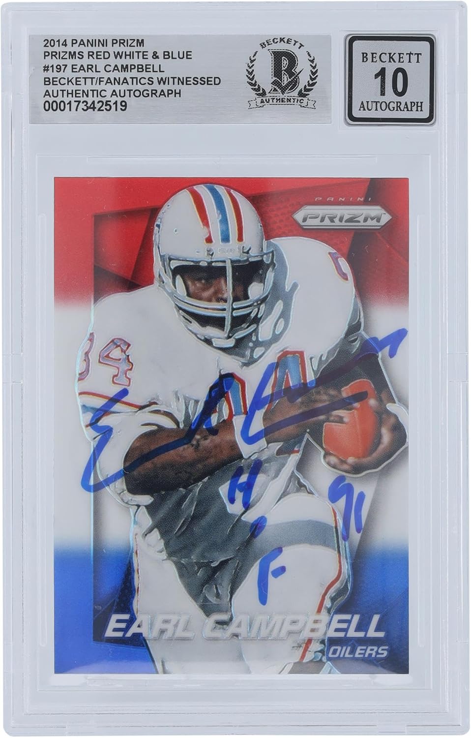 Earl Campbell Houston Oilers Autographed 2014 Panini Prizm #197 Beckett Fanatics Witnessed Authenticated 10 Card with "HOF 91" Inscription - NFL Autographed Football Cards