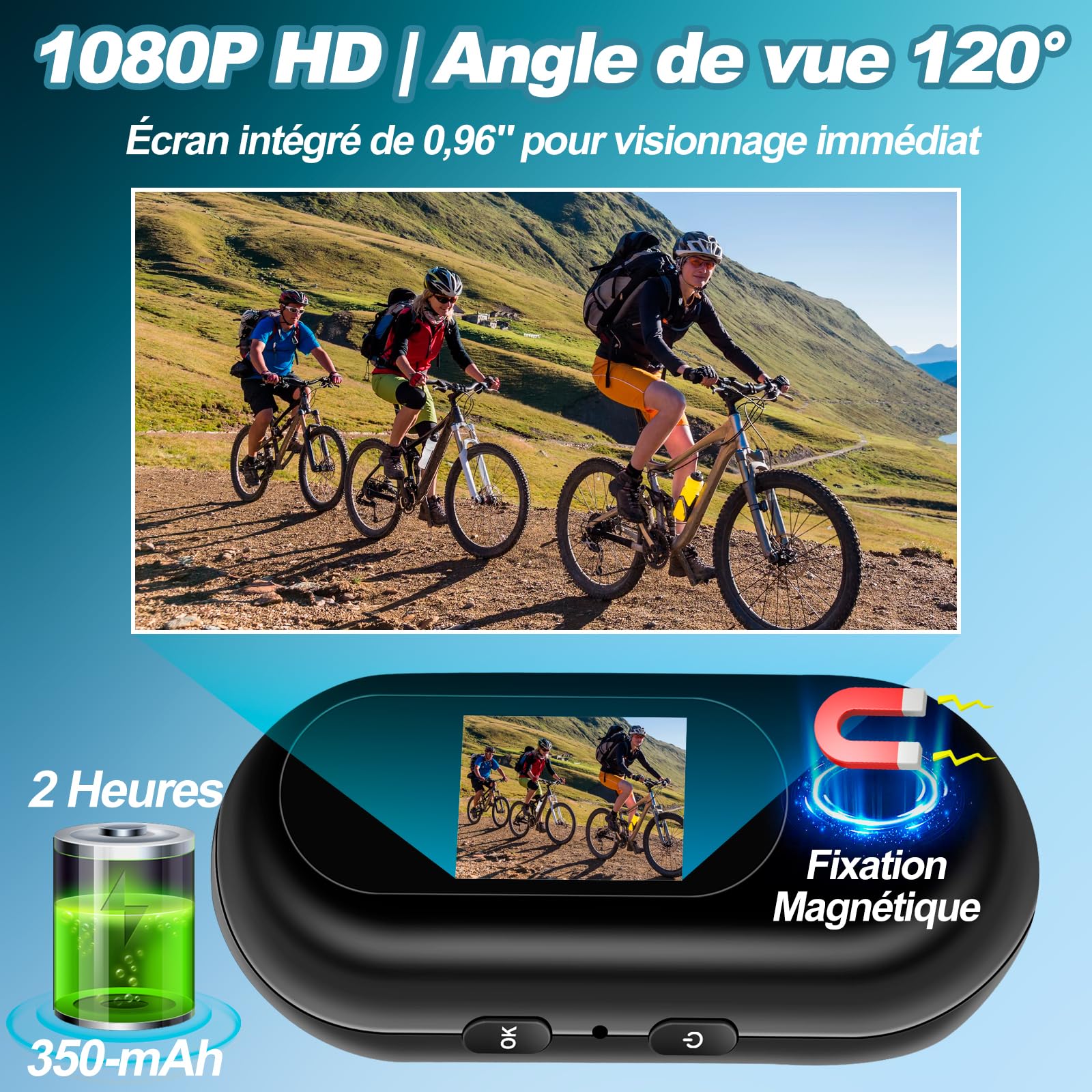 Camera Moto 2K WiFi 120° IP65, Dashcam avec G-Sensor