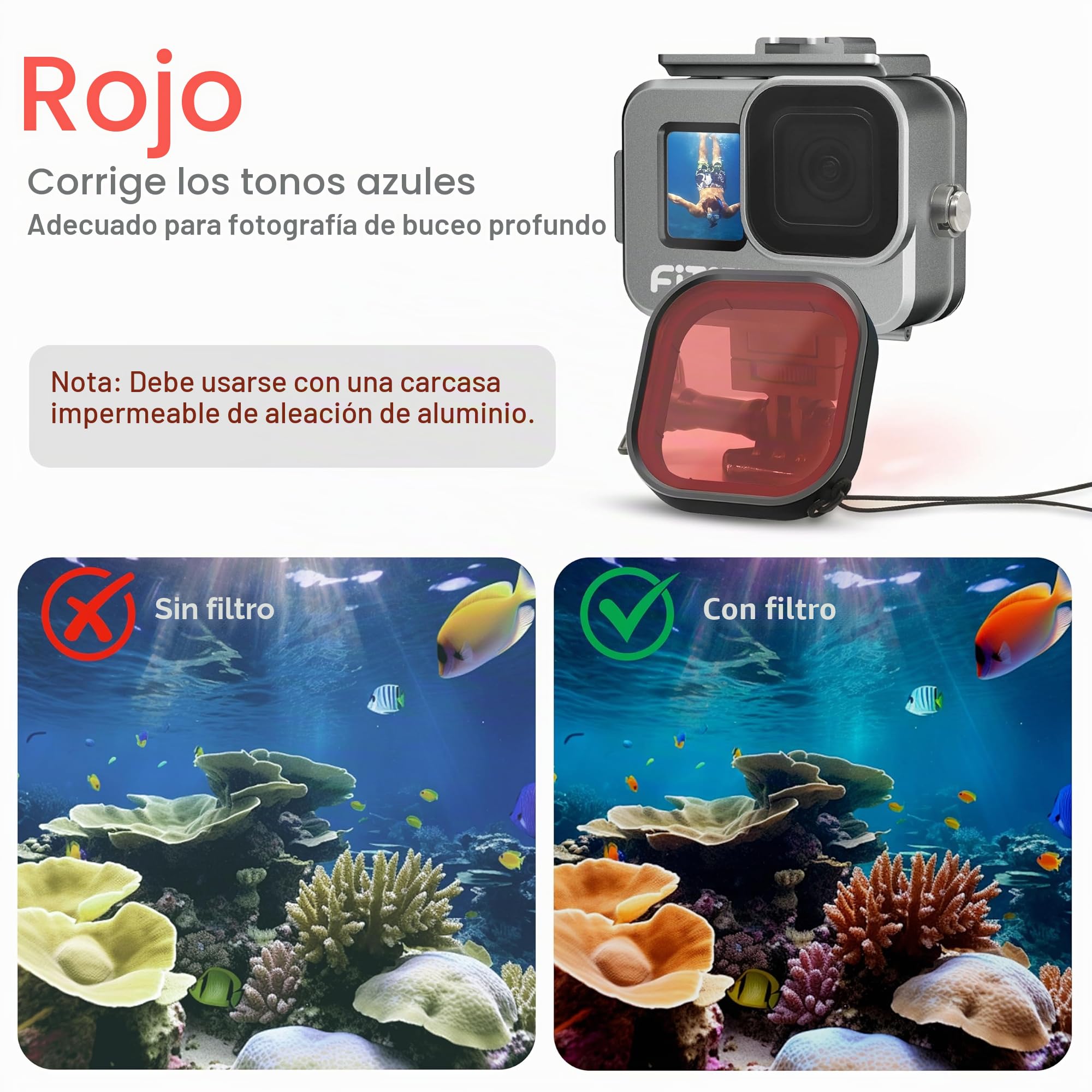 FitStill - Carcasa Impermeable para Go Pro Hero 13/12/11/10/9, aleación de Aluminio (80 m, Incluye 2 Soportes de Zuecos y Snorkel, filtros Magenta