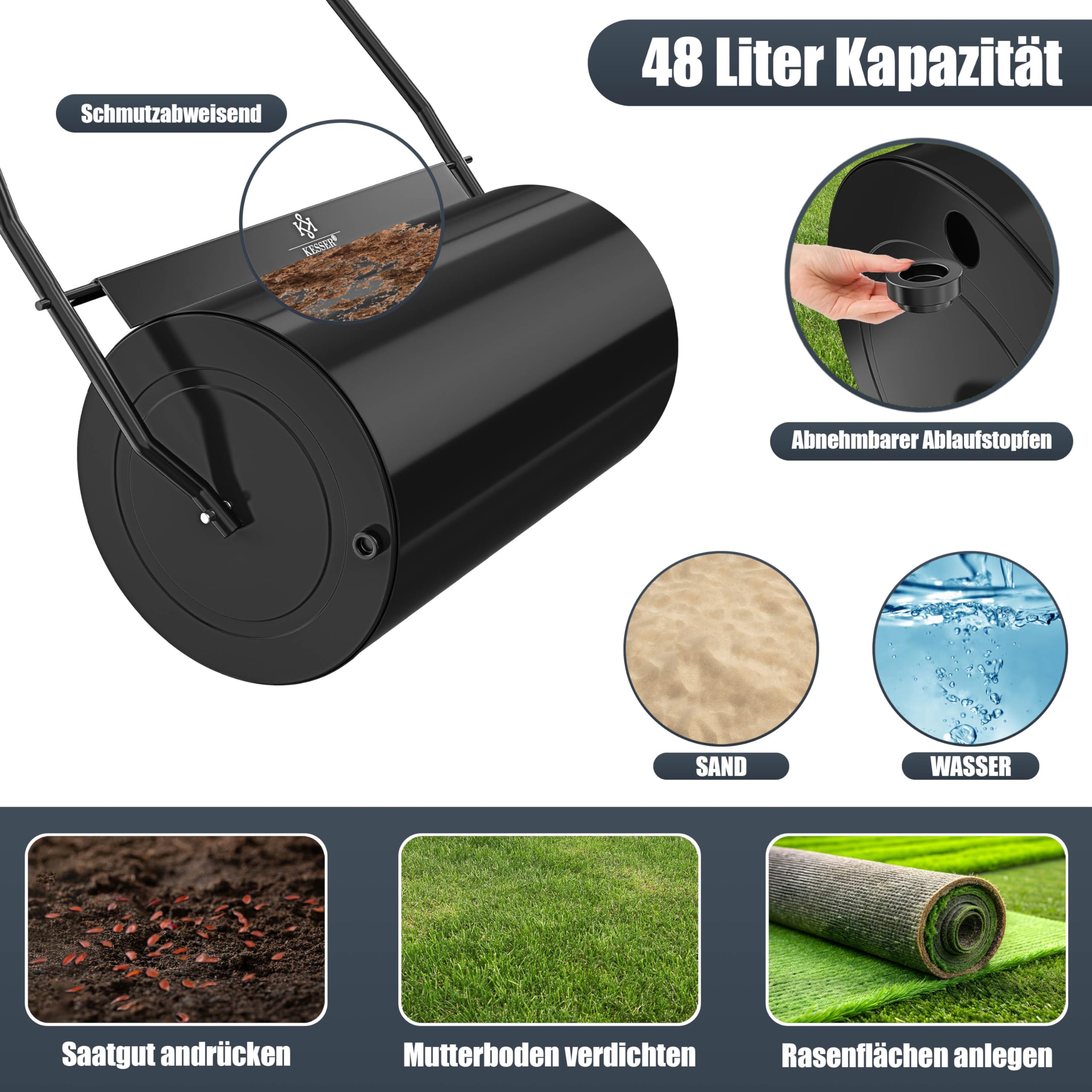 KESSER® Rasenwalze Metall befüllbar mit Wasser oder Sand mit 48 Liter Füllvolumen & 60cm breit | Gartenwalze inklusive Handschuhe | Handwalze Rasenroller Ackerwalze Walze in Schwarz