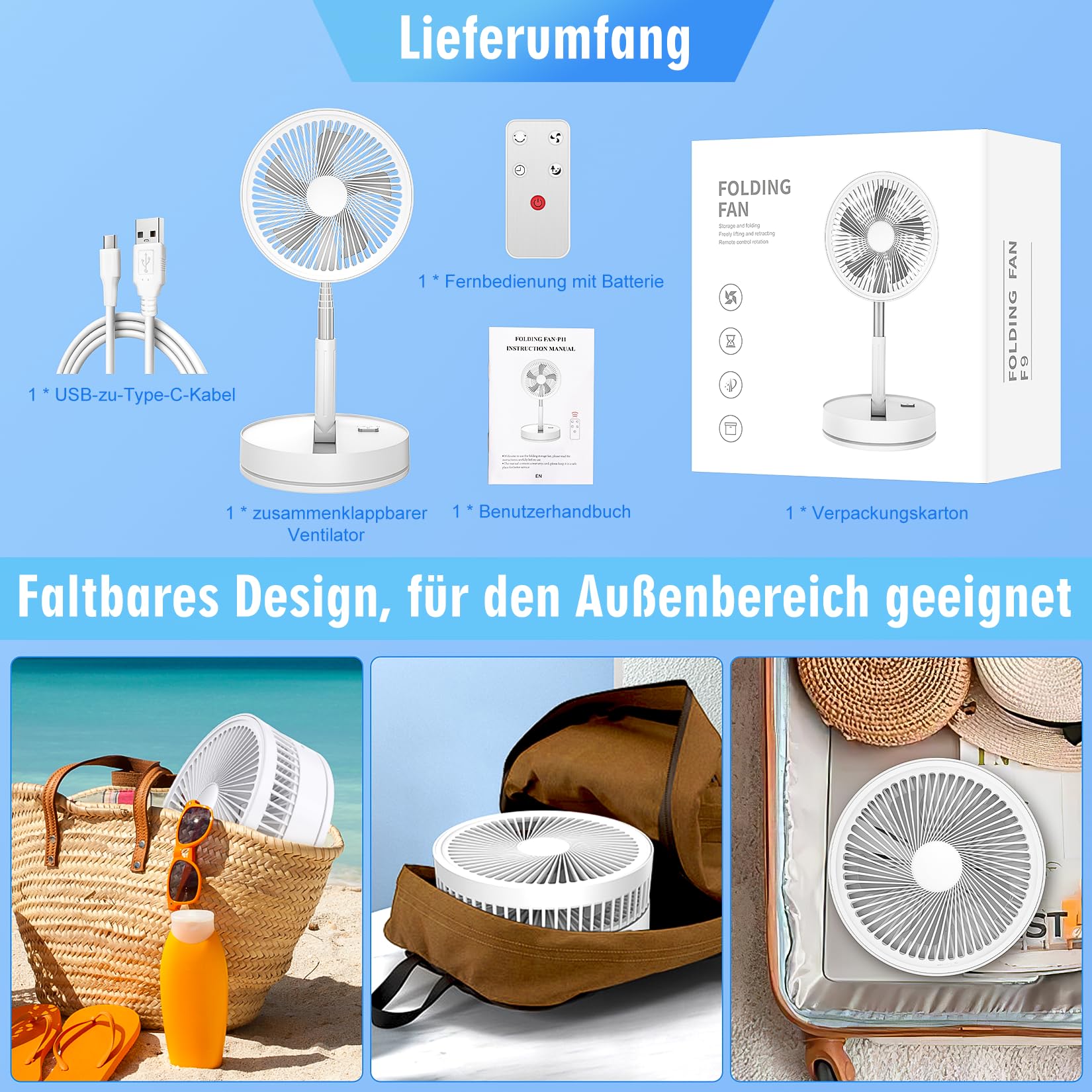 LIPETY Tragbarer Faltbarer Oszillierender Klein Ventilator, 8.6" 8000 mAh Akku Aufladbar USB C Boden/Tisch ventilator mit Fernbedienung, Leise Standventilator für Hause Schlafzimmer Reisen Camp