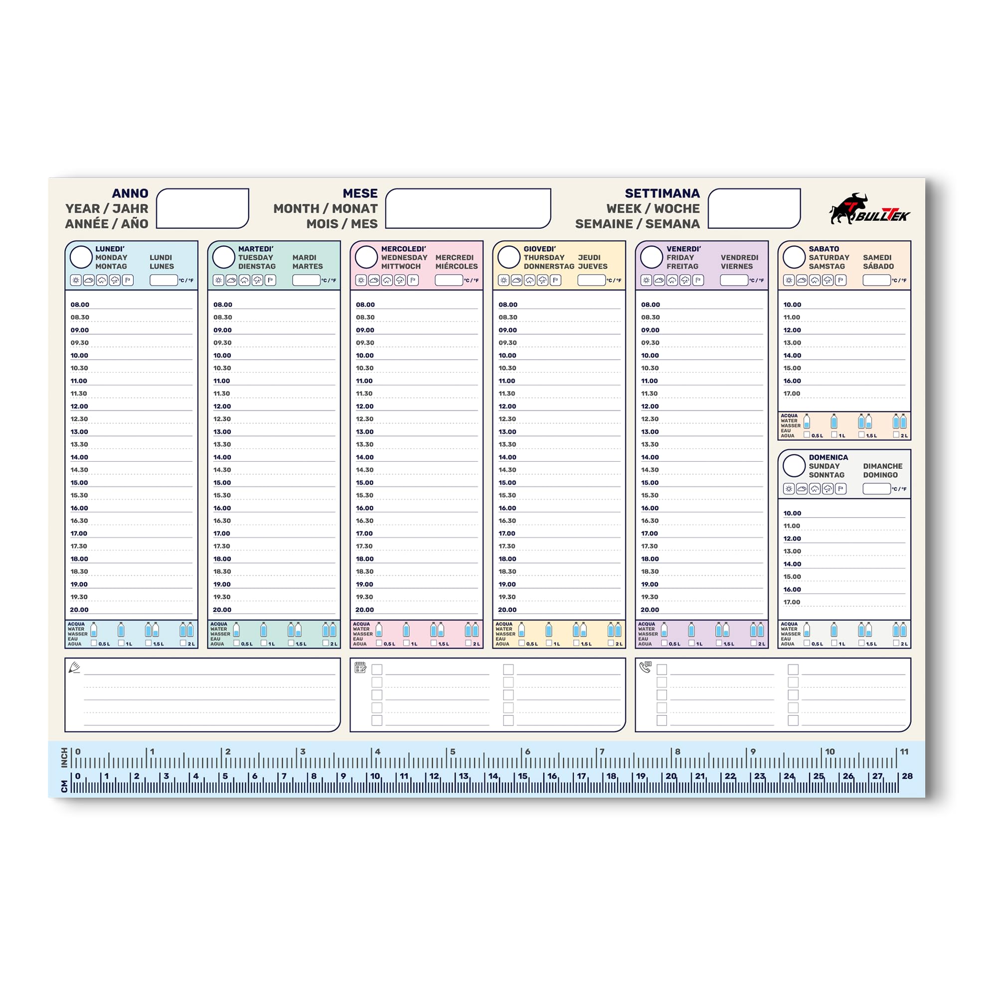 BullTek - Multilingual A4 Weekly Planner | 50 Sheets, Ruler, Pastel Colours | For Professionals & Students | Track Weather & Hydration | Perpetual Use, 21 x 29.7 cm, Paper, Pastel