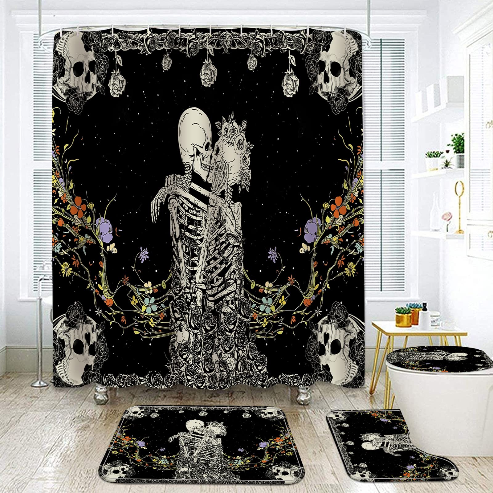 NEWSUYAA Halloween Decorations Shower Curtain Set with Non-Slip Rugs and Bath Mats, 4 Pcs Skull Black and White Skeleton Couple with Floral Bath Decor Toilet Cover Hooks Bathroom Accessory