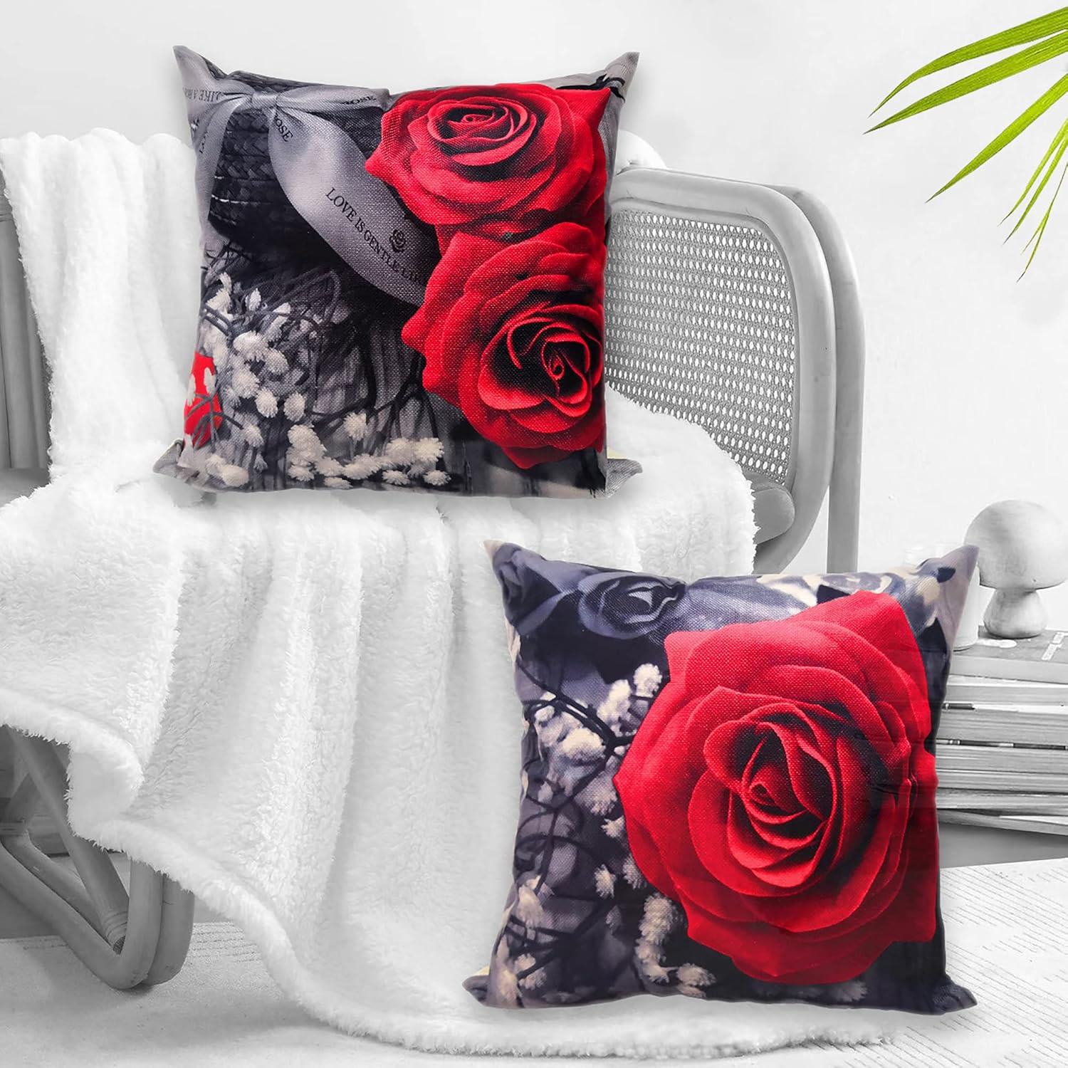 WINTAM Flower Throw Pillow Covers Black Red Rose Decorative Square Pillowcases 18x18 Set of 2 for Sofa Bedroom Living Room Decor Gift (Black Red)