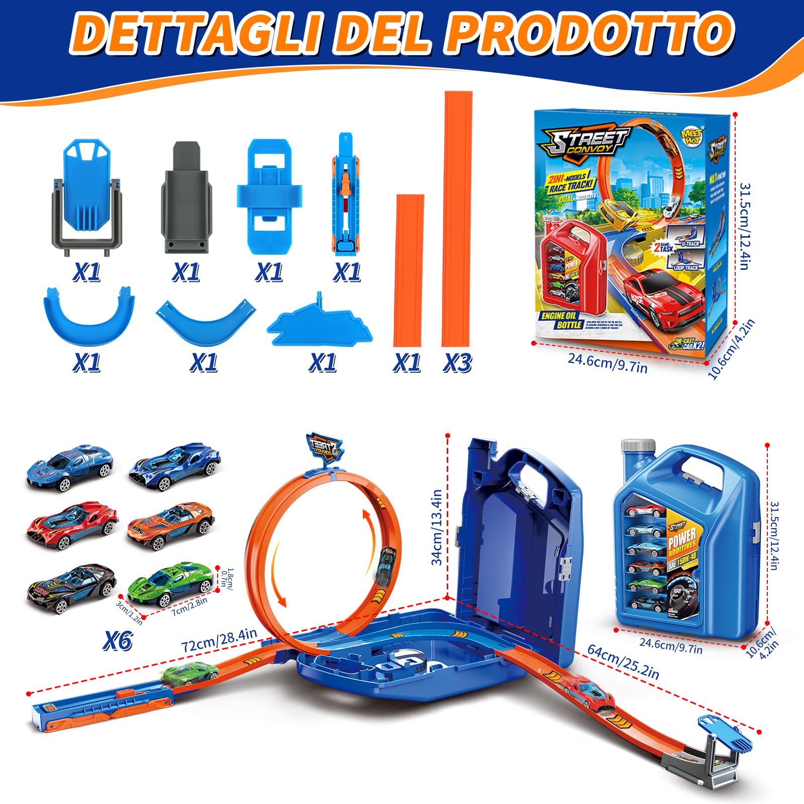 Charmofun Pista Macchinine 2 in1, Giocattolo Piste da Corsa con 6 Auto, Scatola Immagazzinaggio, Piste Macchinine per Bambini con Anello e Binari a U, Portatile Pista per Bambini 3+ Anni (Blu)