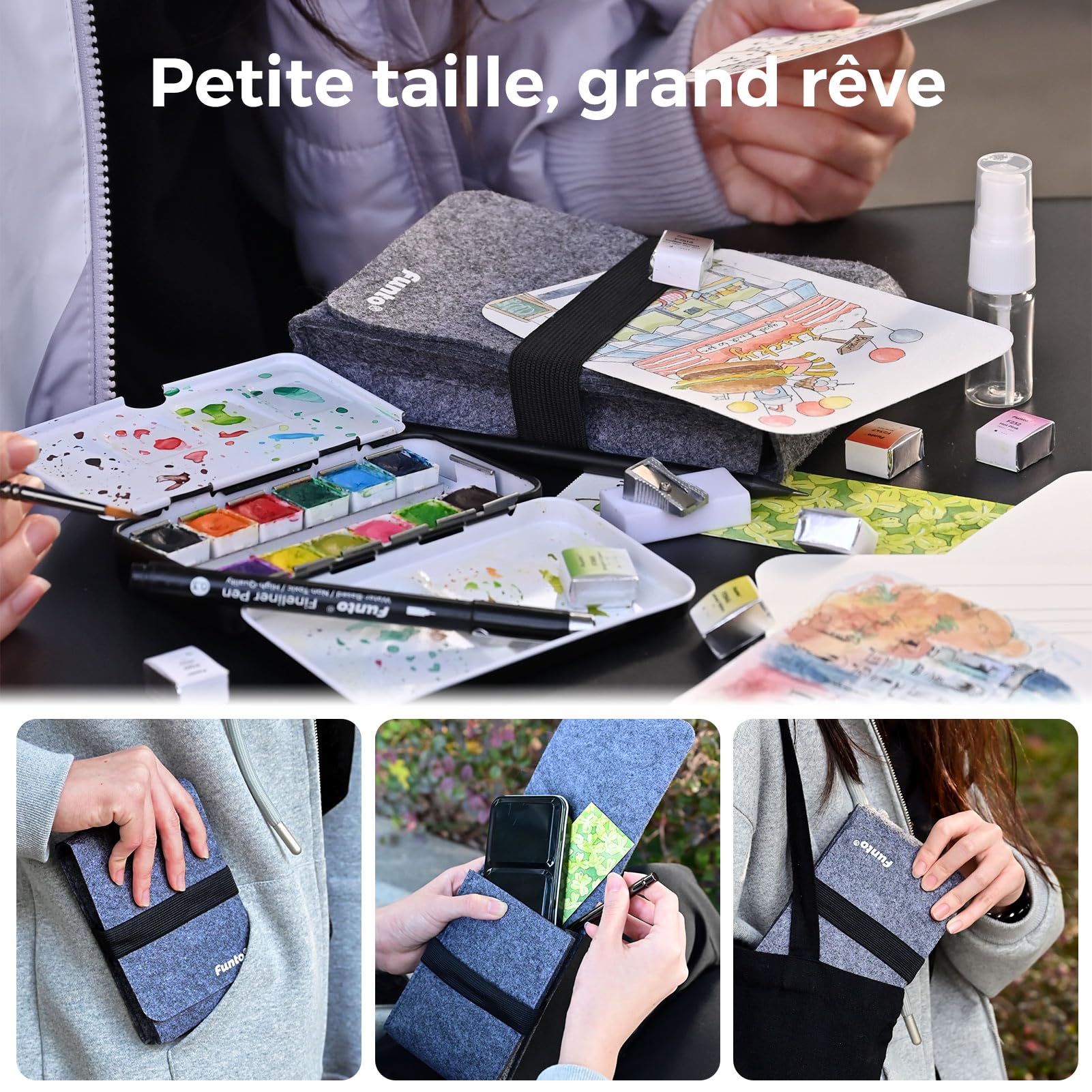 Set de voyage à l'aquarelle Funto 12 couleurs, 10 cartes postales, pinceau, stylo, crayon pour adultes