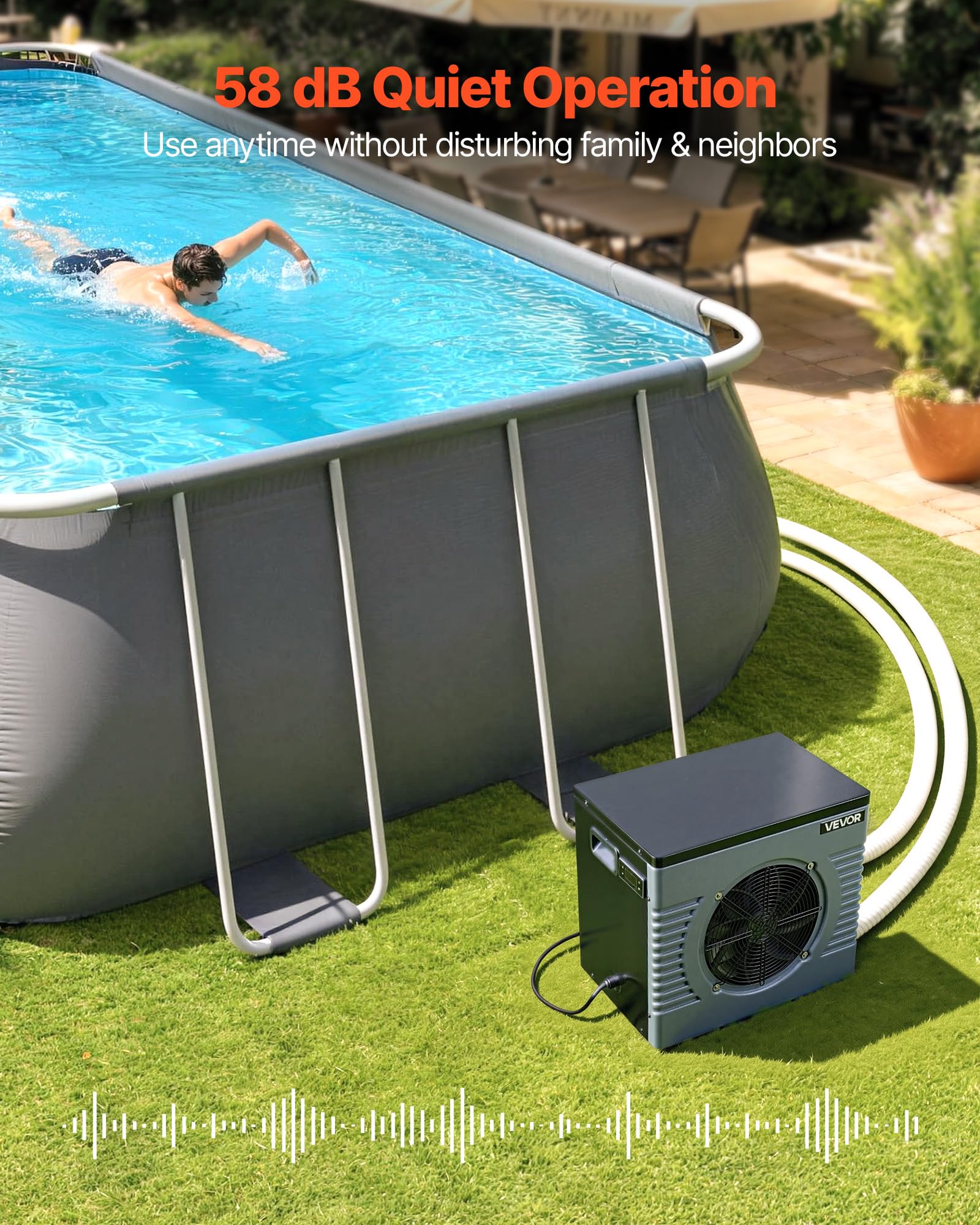 VEVOR Pompe à Chaleur pour Piscine 4,92 kW Chauffage Électrique Hors Sol 18 m³ COP 5,29 Faible Niveau Sonore GFCI