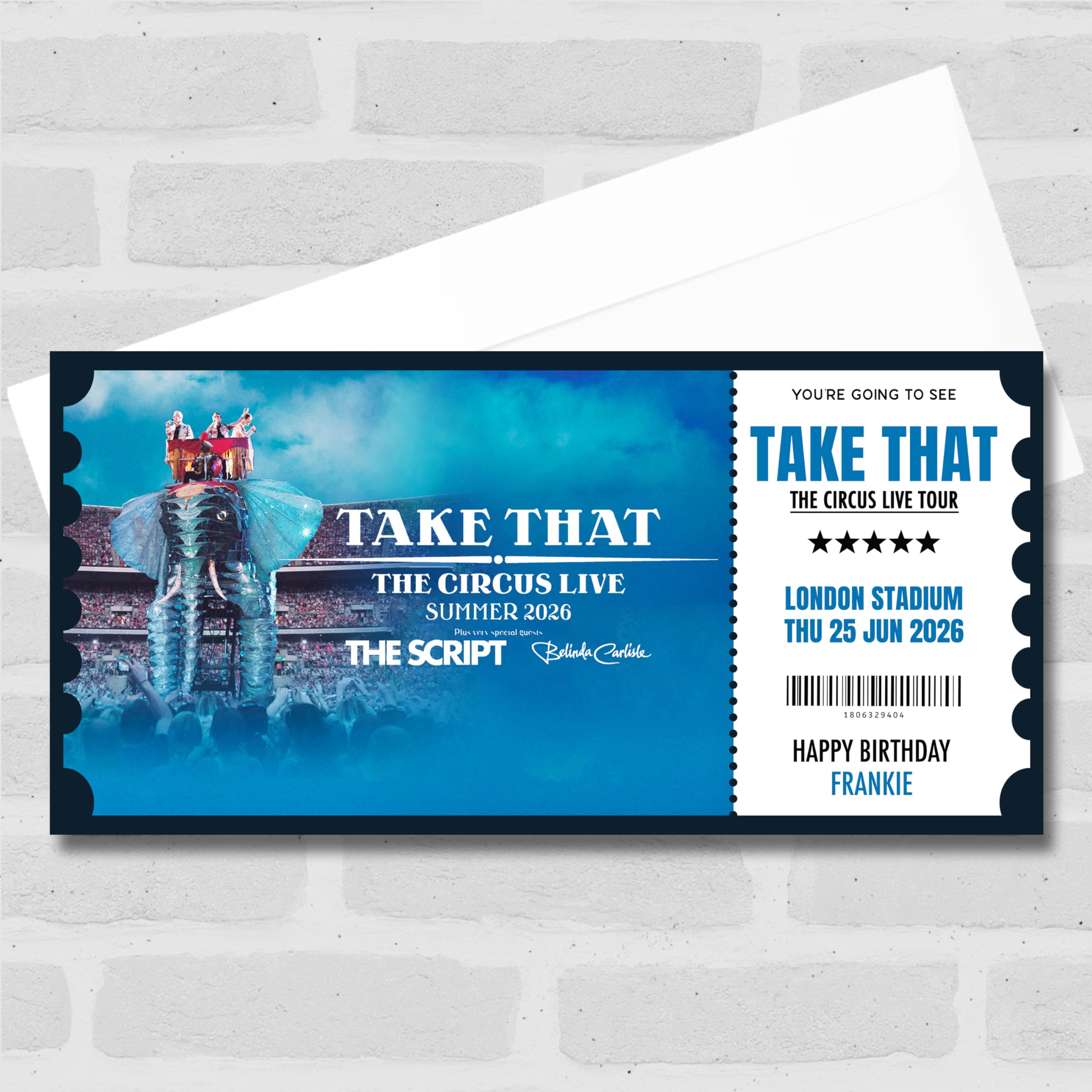 Greetings Card - Take That Concert The Circus Live Personalised Gift Voucher Surprise Ticket | Custom Greetings Card | Surprise Reveal Voucher Spoof Ticket