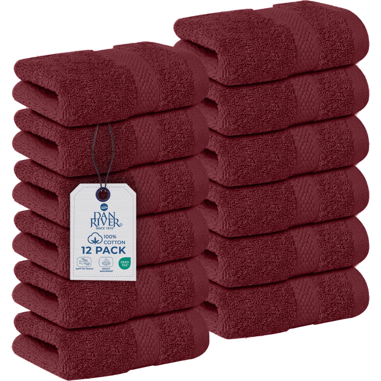 DAN RIVER 12-Pack Premium 100% Cotton Pomegranate Face Towels for Bathroom - Reusable Face Wash Cloths for Showering 12x12 Inches - 550 GSM Super Soft