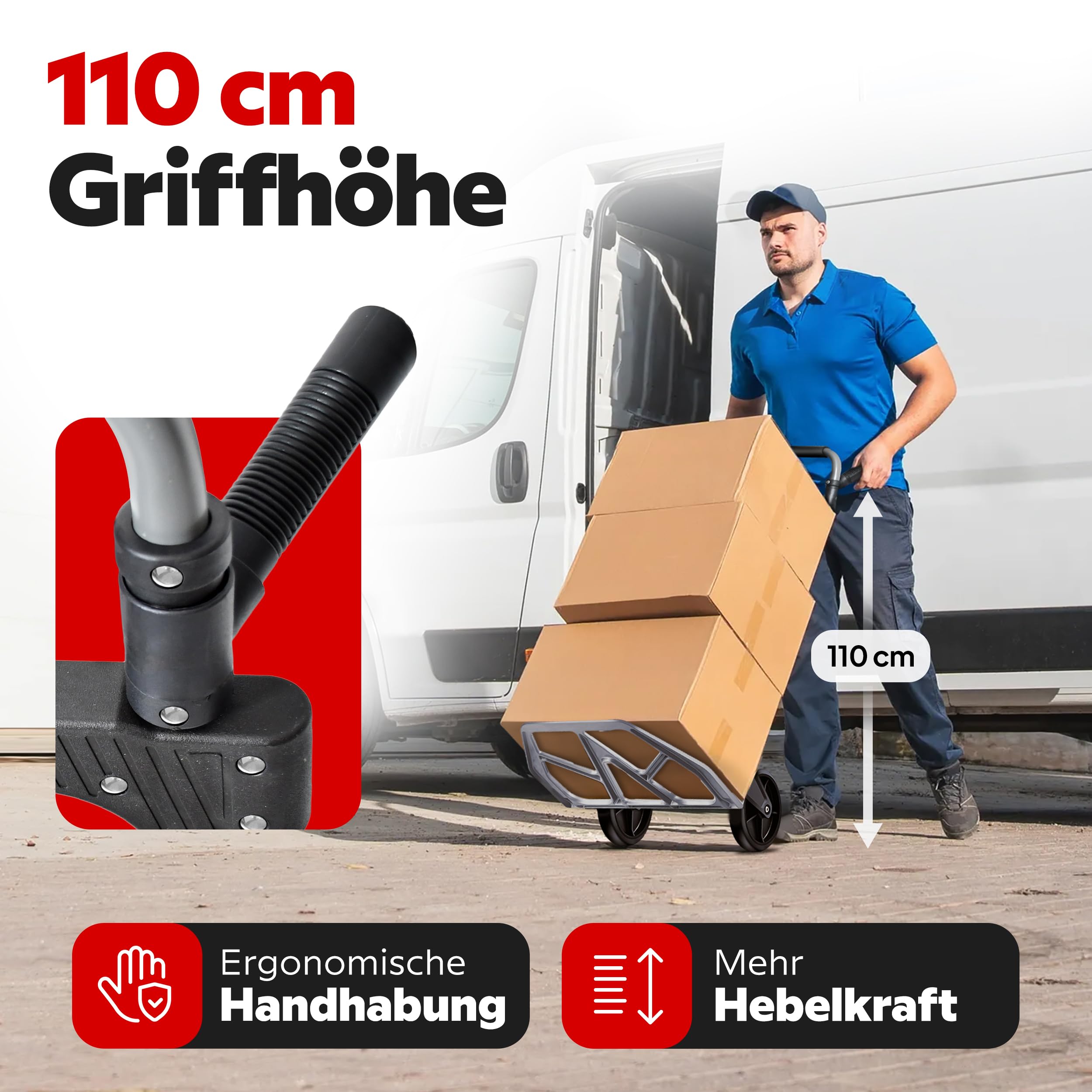 ONBEST Sackkarre klappbar 150 kg – Geprüfte Qualität, Vollgummireifen, 110 cm Griff, große Ladefläche – Faltbare Transportkarre/Trolley mit Rollen inkl. 150 cm Gurt – Umzugshelfer & Transporthilfe
