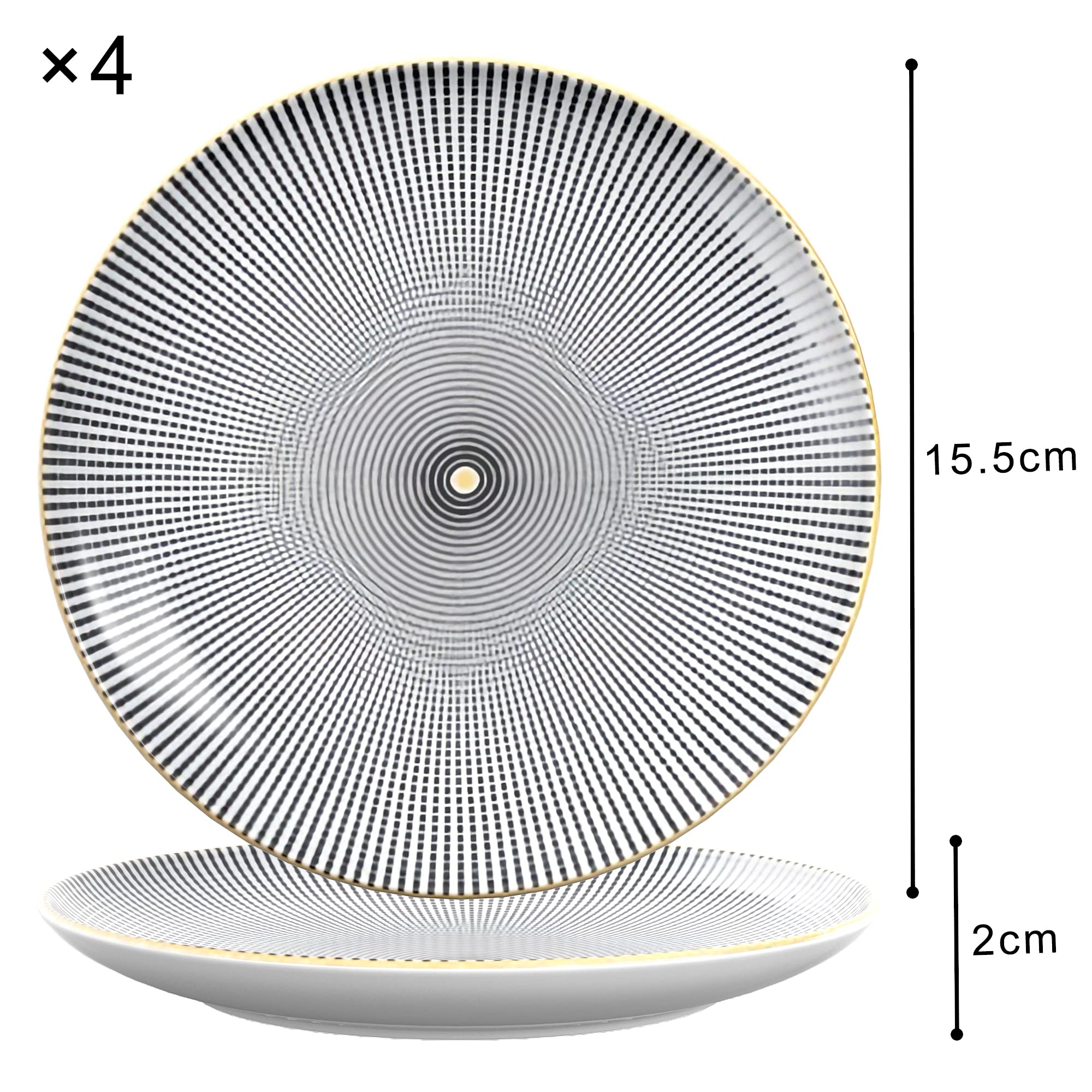 INTIRILIFE 4x Plato de porcelana en Infinito - Negro y Blanco - Diámetro 15.3 cm - Plato de desayuno, plato de postre, plato de servir para ensalada, fruta, pasta, postre, plato principal y snacks