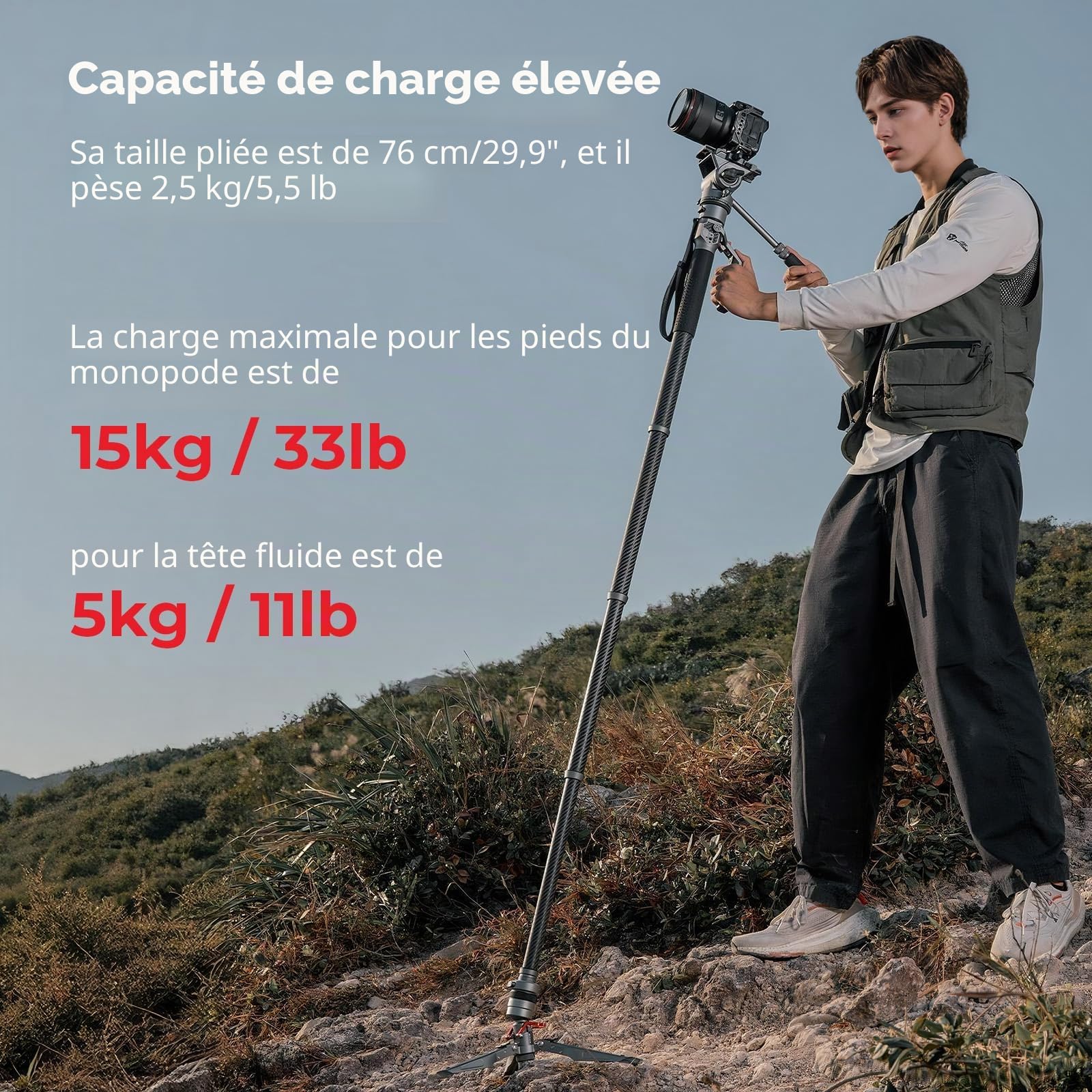 SMALLRIG 175cm Trépied Carbone Monopode Tête Fluide 1 Bouton 5kg - 5565 | Fibre carbone, Levage verrouillage 1 bouton, Tête fluide, pour DJI RS, MFT 501L