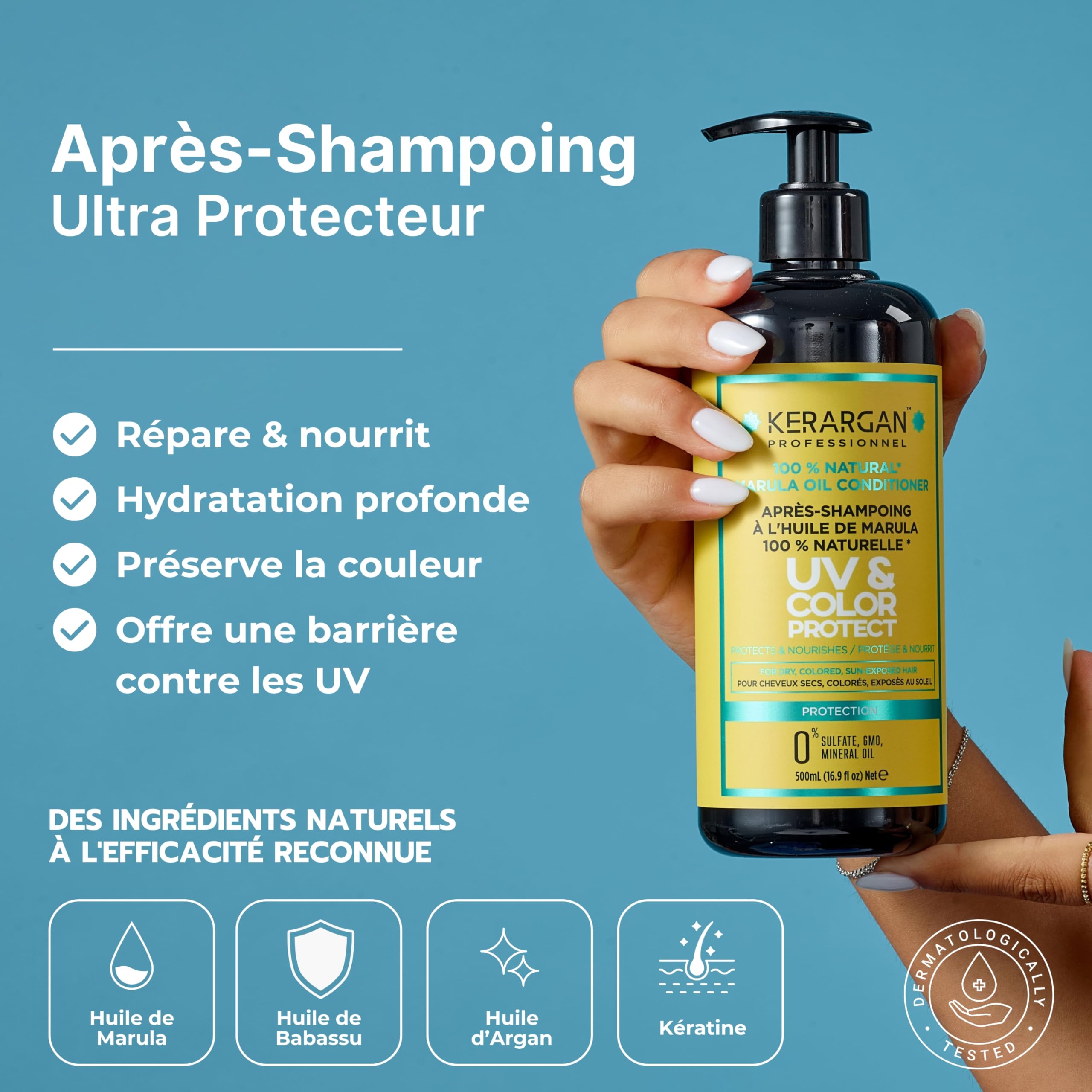 KERARGAN - Routine Marula 5 Soins Protection UV Couleur - 3x500ml+2x100ml | Shampoing, après-shampoing, masque, sérum et spray 17-en-1, routine complète de protection UV et couleur