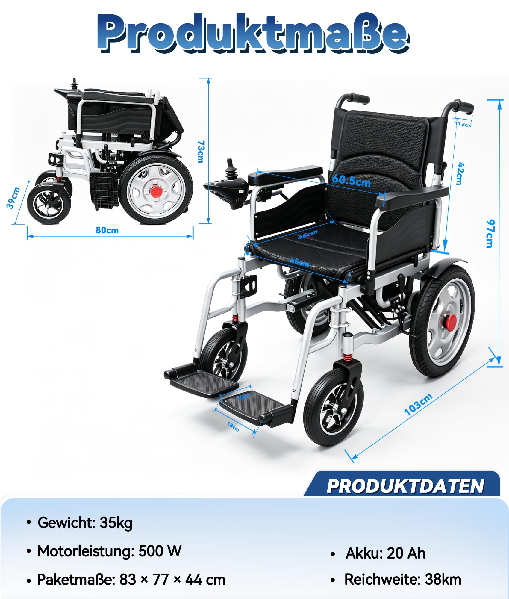Sedia a rotelle elettrica pieghevole da 170 kg, con freno a mano, motore da 500 W e 35 km, modalità elettrica con velocità regolabile, doppia modalità di ricarica e pneumatici per anziani