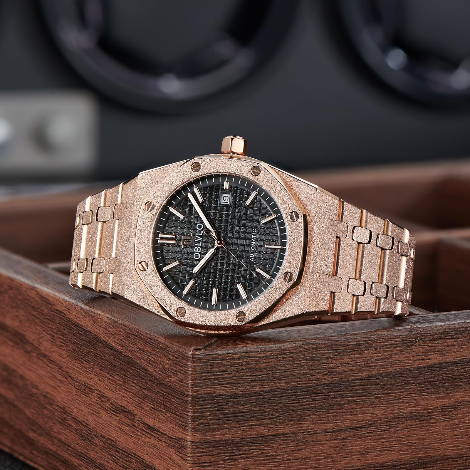 OBLVLO Orologio meccanico da uomo, in acciaio inox 316L, luminoso, 50 m, impermeabile, automatico, TM-ASP