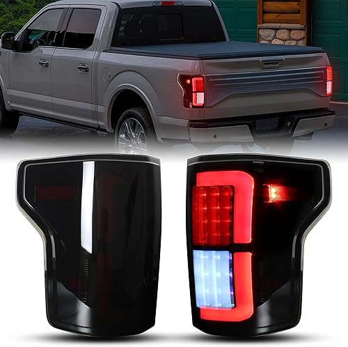 Miniatura 1 de POKIAUTO Conjunto de luces traseras LED mejoradas para F150, luces traseras LED negras ahumadas, luces traseras de freno para Ford F-150 2015-2017