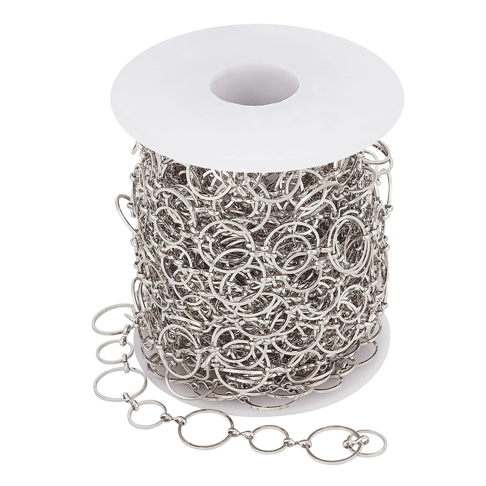 Arriccraft - 1 rollo de cadenas de latón plateado hechas a mano para collares y llaveros, manualidades, tamaño del anillo: 10 mm a 14 mm, aproximadamente 10 m por rollo