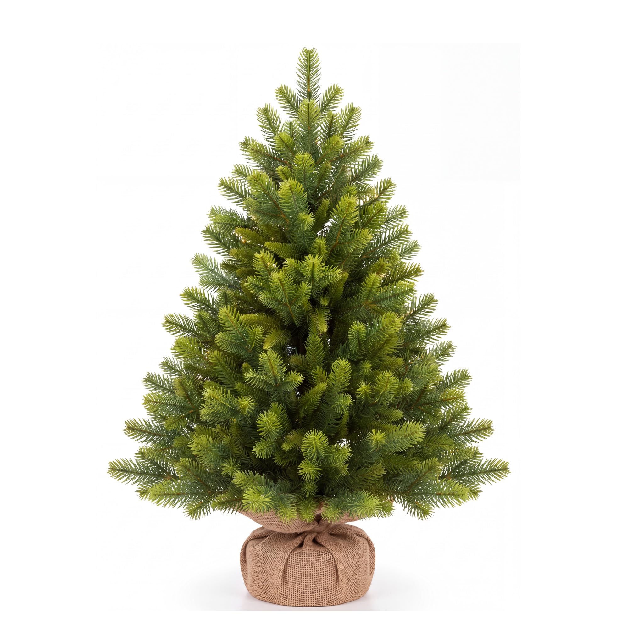 2ft Artificial Mini Christmas Tree, 72 Branch Tips Tabletop Xmas Tree, Premium PE Realistic Bushy Green Xmas Tree with Weighted Red and Burlap Base, Small Indoor Desk Home Christmas Decoration