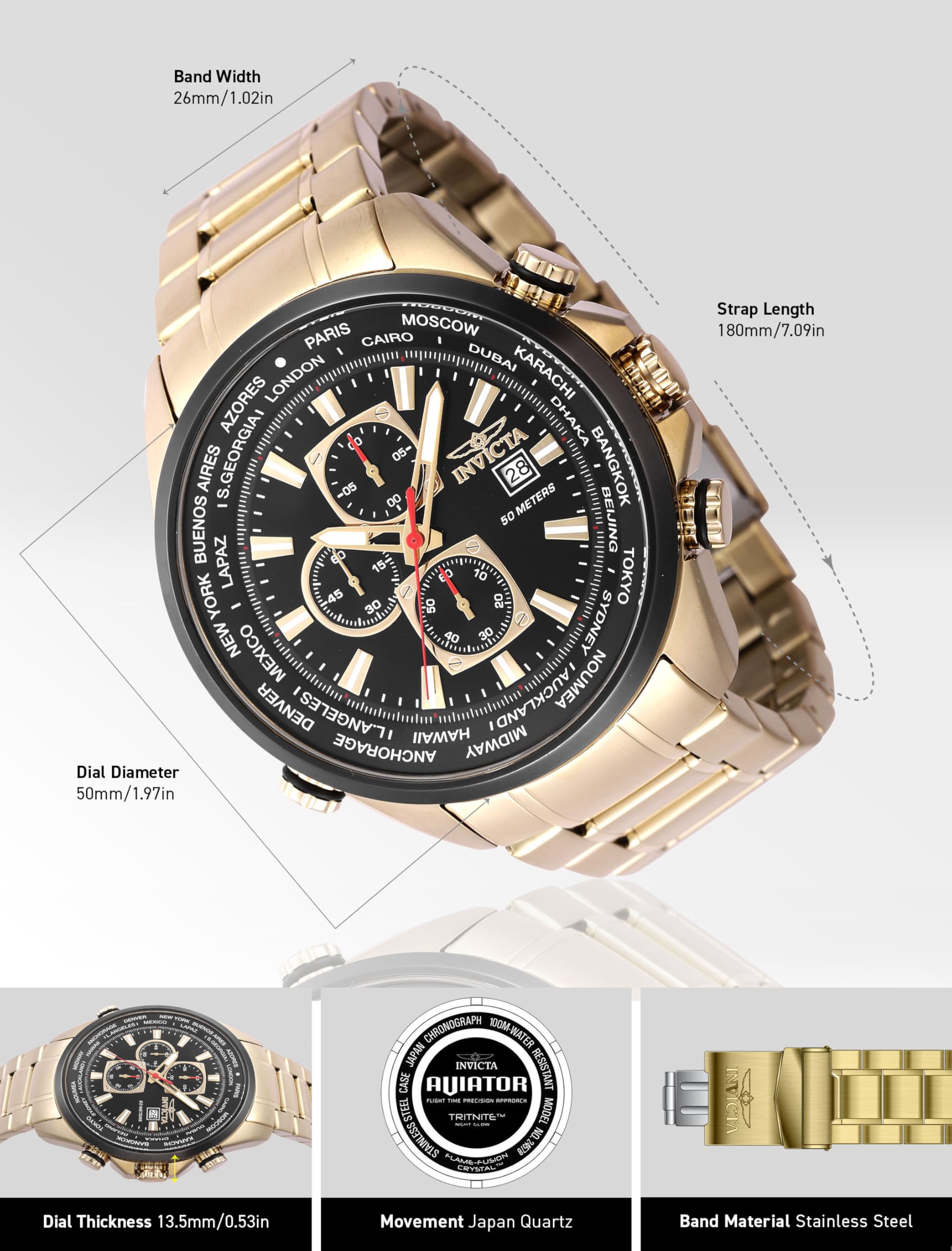 INVICTA Aviator Reloj Cuarzo para Hombre de Acero Inoxidable - 50mm