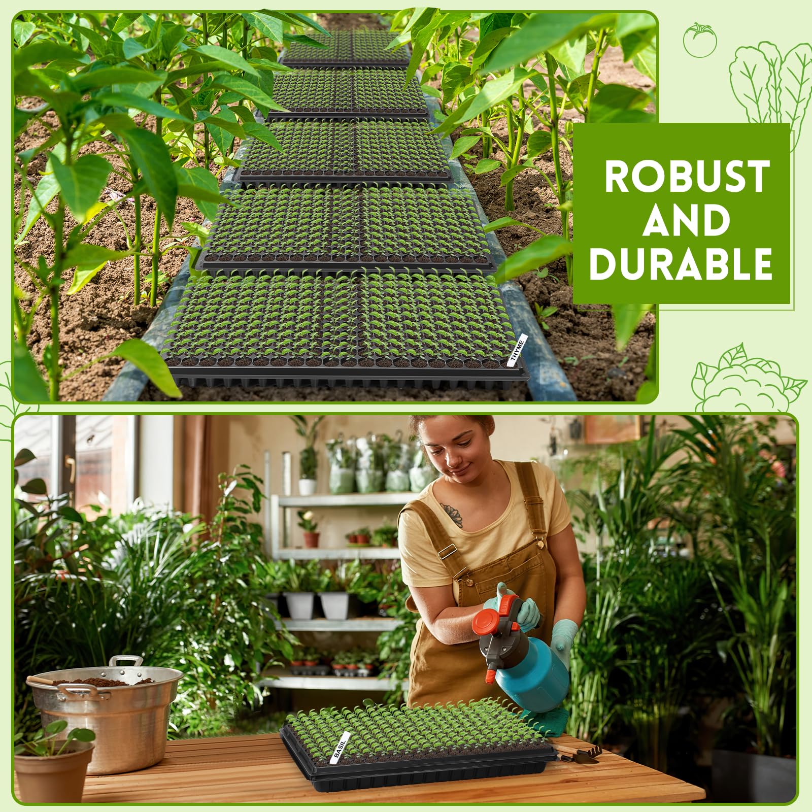 Hushee Paquete de 10 bandejas de cultivo de semillas de microgreens, 1020 bandejas sin agujeros, 10 bandejas de enchufe de 200 celdas y 100 etiquetas, bandejas de cultivo de plantas, bandejas de