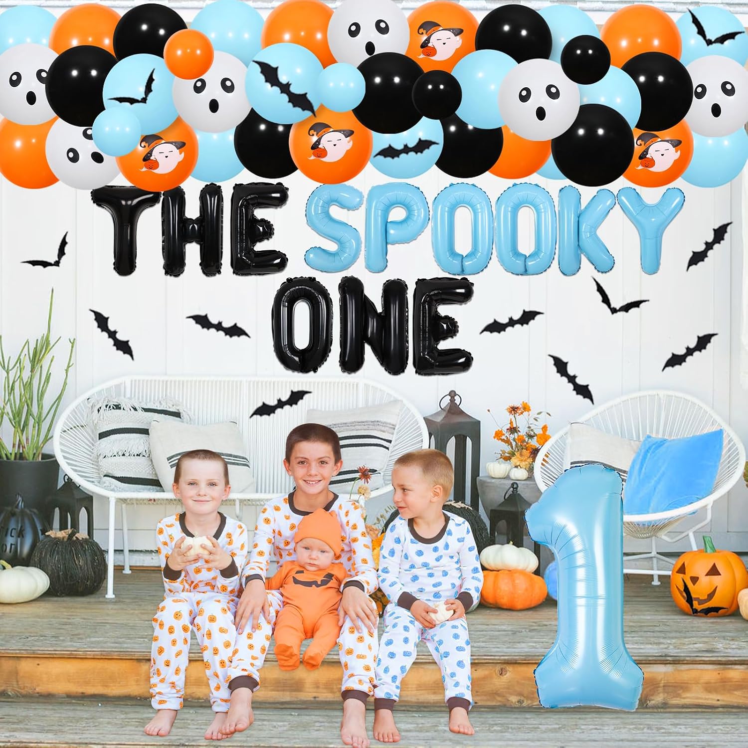 Spooky One Halloween Birthday Decorations Blue Orange Black for Boys 1st Birthday Party Number 1 Ghost Bats Balloon Banner Garland