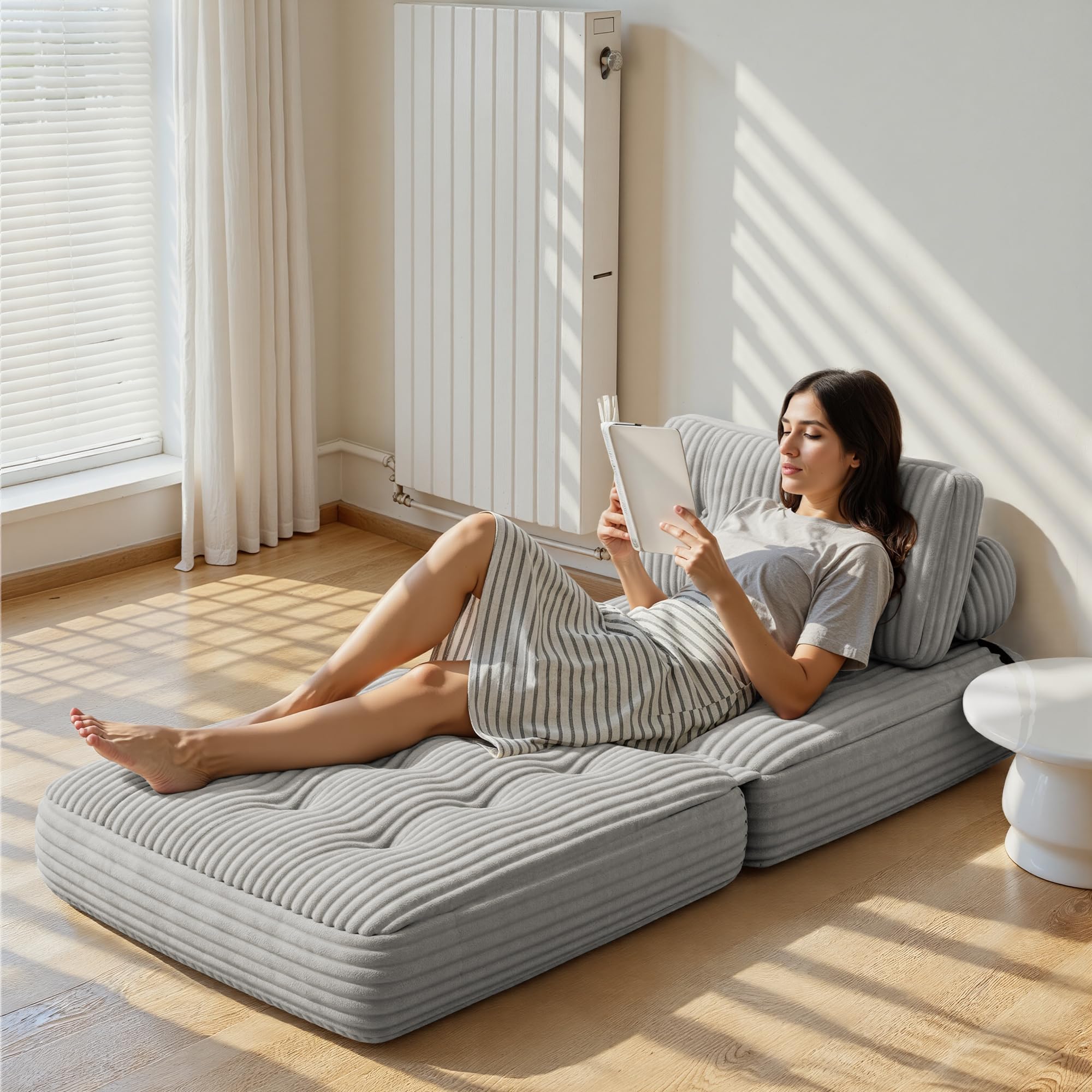 Xbro Składana sofa rozkładana z oparciem, przenośny fotel rozkładany w łóżku 2 w 1 do małych przestrzeni, sztruksowa tkanina z wypełnieniem piankowym, 190 x 85 cm rozłożony (jasnoszary)