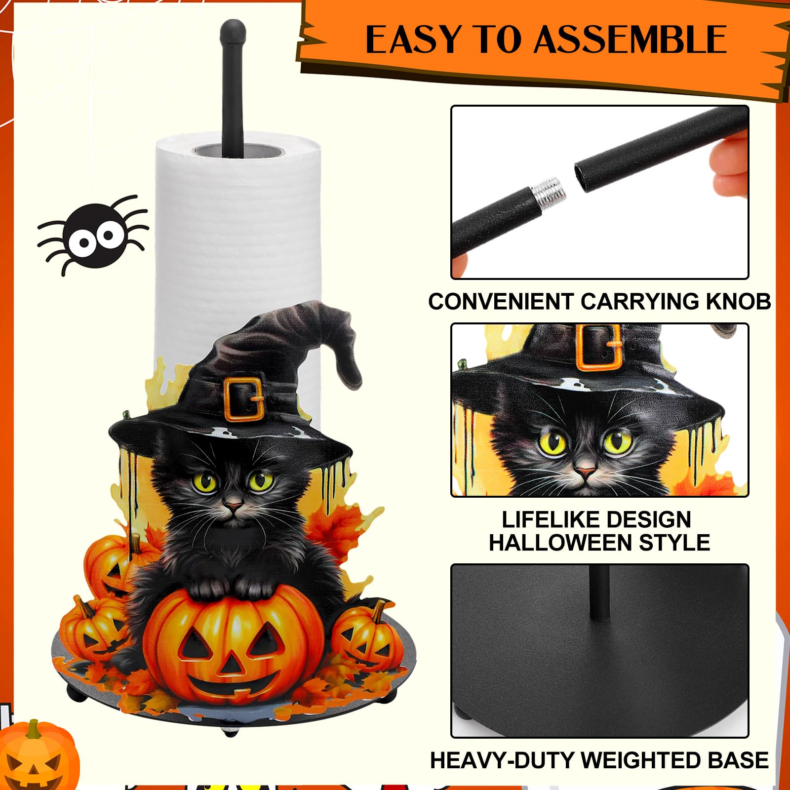 MorningRo Toallero de papel de gato negro de Halloween, accesorios de decoración de cocina, granja, Halloween, calabaza, soporte para toallas de papel para encimeras, baño, gato, calabaza