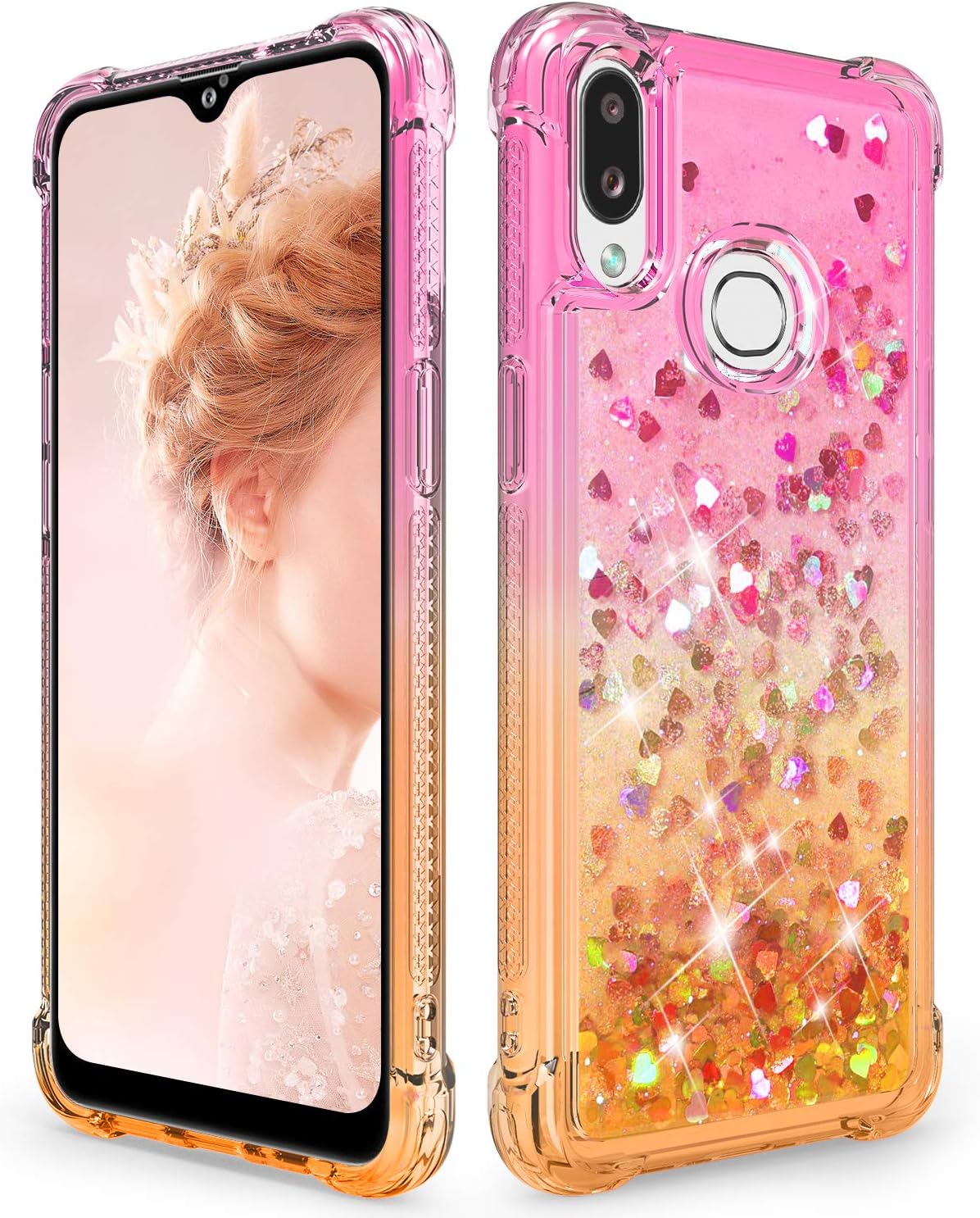 Dzxouui for Samsung A10S Case,Galaxy M01S Case,Girls Women TPU Clear Cover Protective Moving Quicksand Glitter Bling Sparkle Cute Phone Cases for Samsung Galaxy A10S/M01S(Pink/Gold)
