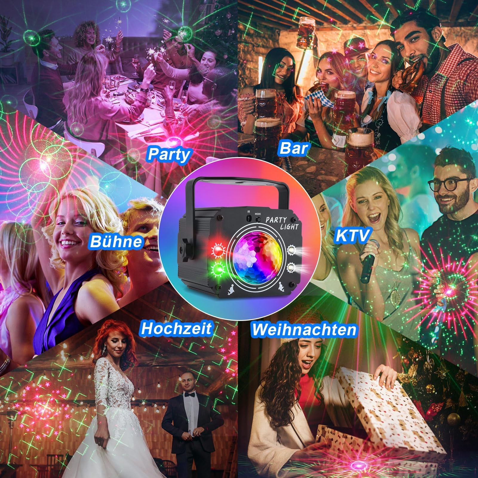 Nigecue 3 in 1 Discolicht Partylicht mit Fernbedienung, Musikgesteuert Disco Licht mit Stroboskop, Sprachsteuert LED DJ Party Lampe Discokugel mit 2M USB Kabel für Halloween Weihnachten Klub Feiertage