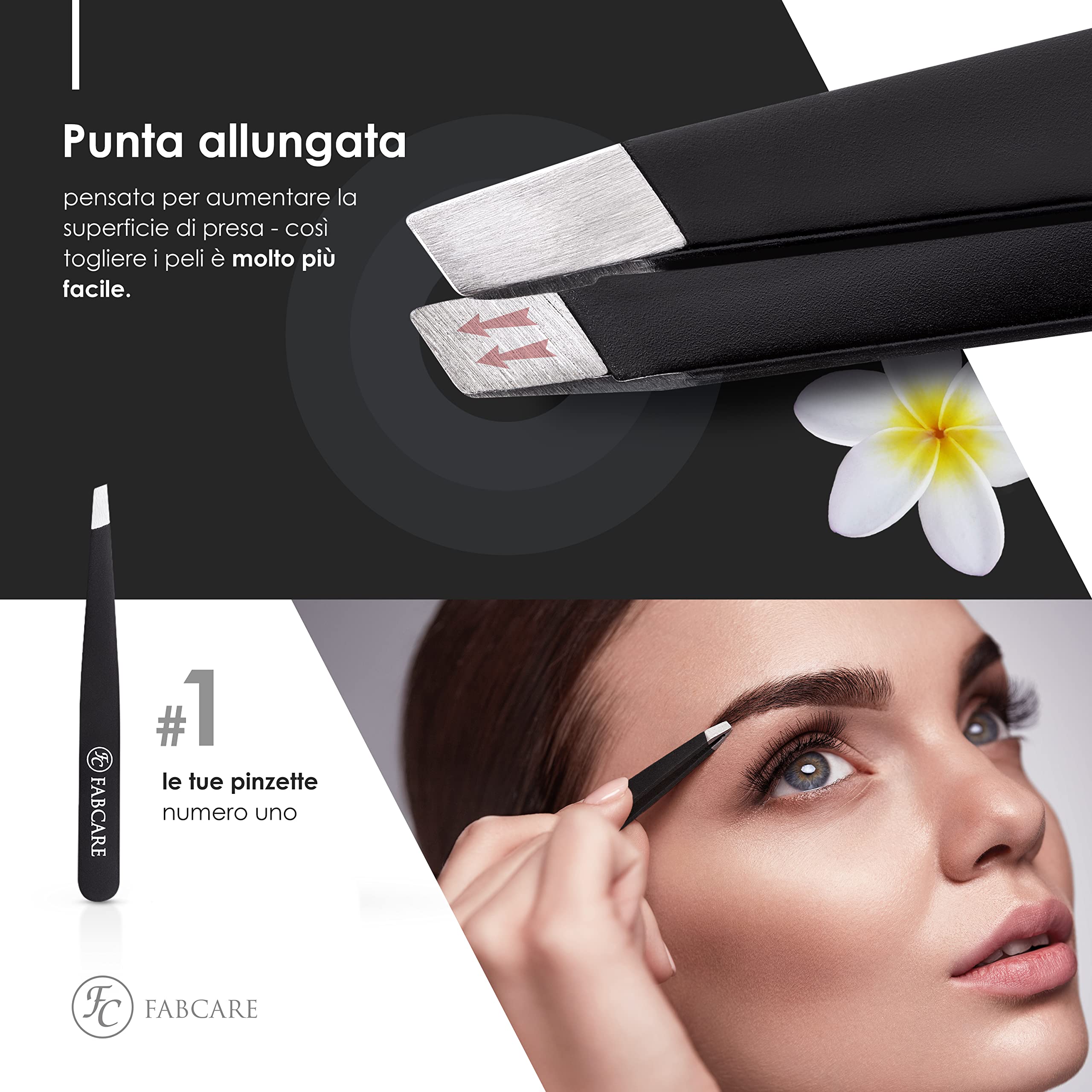 FABCARE Pinzetta per tirare le sopracciglia (obliqua) incl. custodia - punta migliorata - pinzette per sopracciglia professionali con rivestimento antiscivolo - pinzette per depilazione