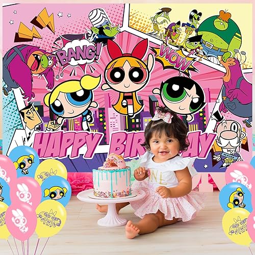 Miniatura 7 de Decoración de fiesta de cumpleaños para niñas superpoderosas, fondo de fotos de fiesta de niñas poderosas de 5 x 3 pies y 18 globos para niñas,