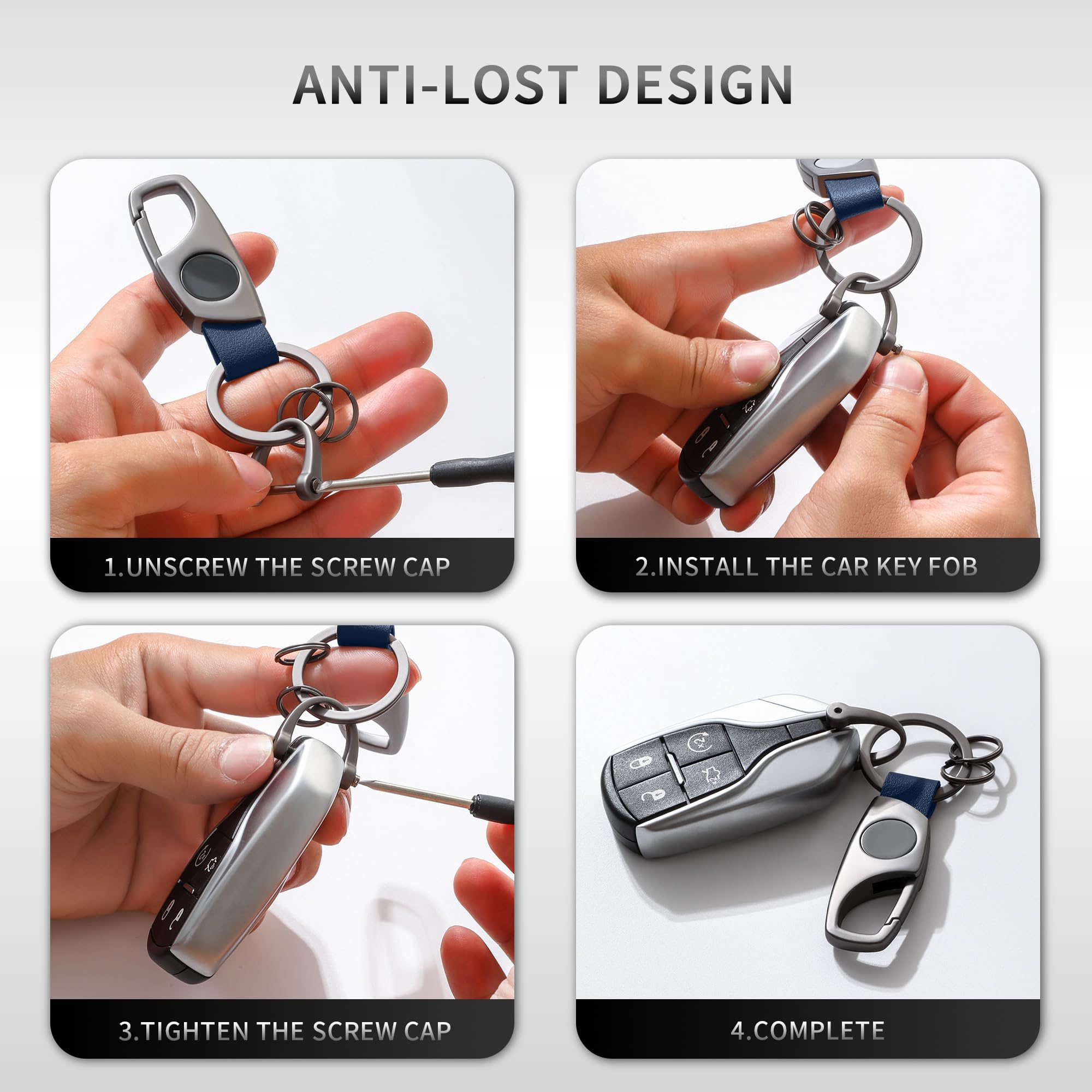 Gkeygo Carabiner Keychain With Leather & Key Rings - Anti-Lost D-Ring, Zinc Alloy, Grey/Blue - View #12