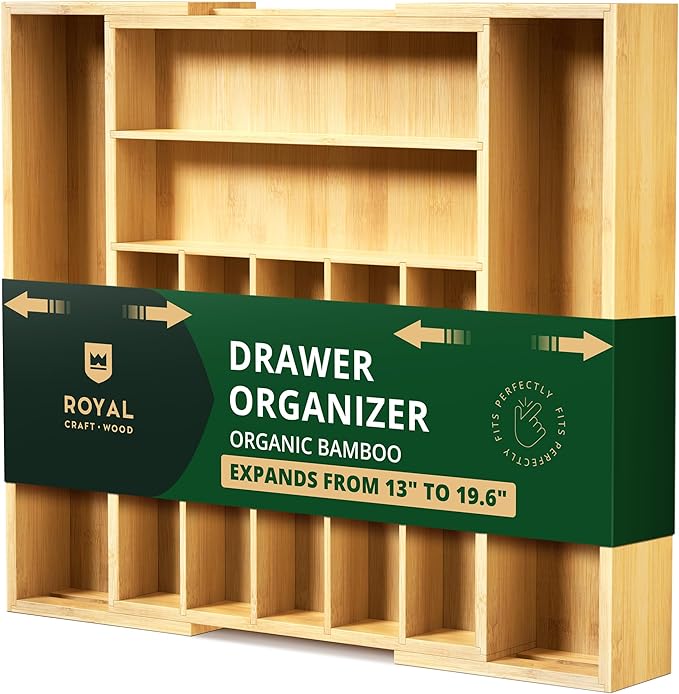 Luxury Bamboo Kitchen Drawer Organizer - Silverware Organizer - Utensil Holder and Cutlery Tray with Grooved Drawer Dividers for Flatware and Kitchen Utensils (9 Slot, Natural)