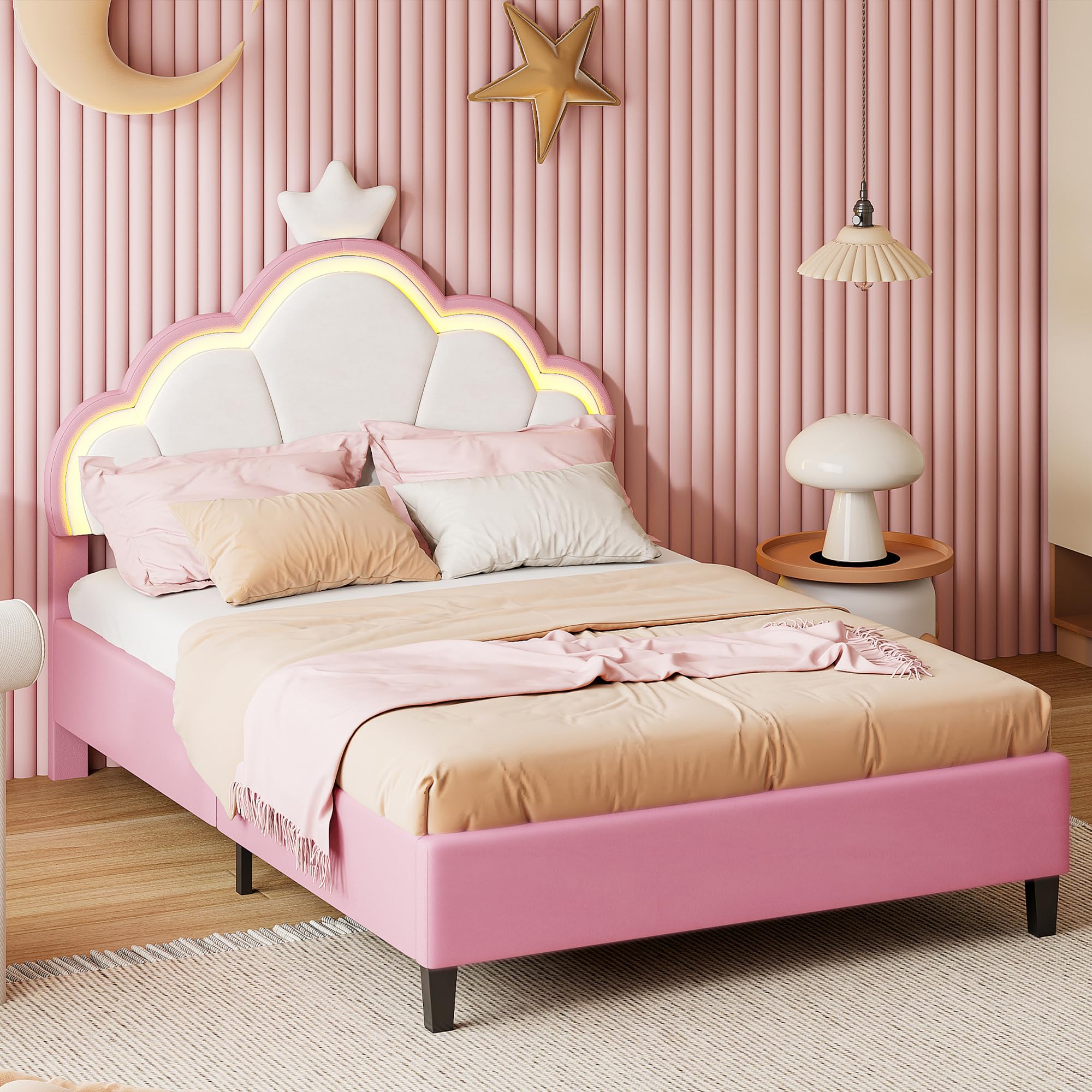 Lit Double Enfant 140x200 cm, Lit Fille Princesse avec LED, Tête de lit Réglable en Forme de Couronne,Cadre de lit Rembourré avec Sommier à Lattes,pour Enfants & Adultes (Rose, 140x200cm)