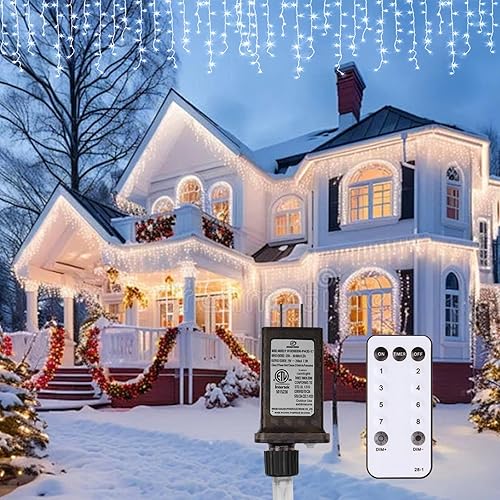 Miniatura 9 de Luces LED de Carámbano de Navidad para Exteriores, 624 LED 18m (59 pies) 8 Modos con 96 Gotas Luces de Carámbano Blanco Cálido, Guirnalda de Luces