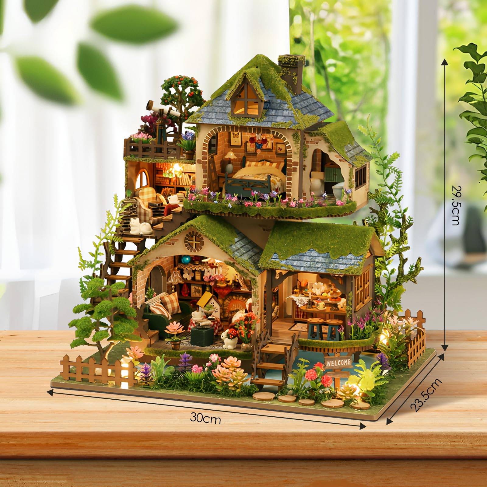 Cuteefun Casa de Muñecas de Madera con LED, Manualidades de Madera para Adultos Adolescentes para Construir, Regalos de Cumpleaños y Navidad (Aventuras Forestales)