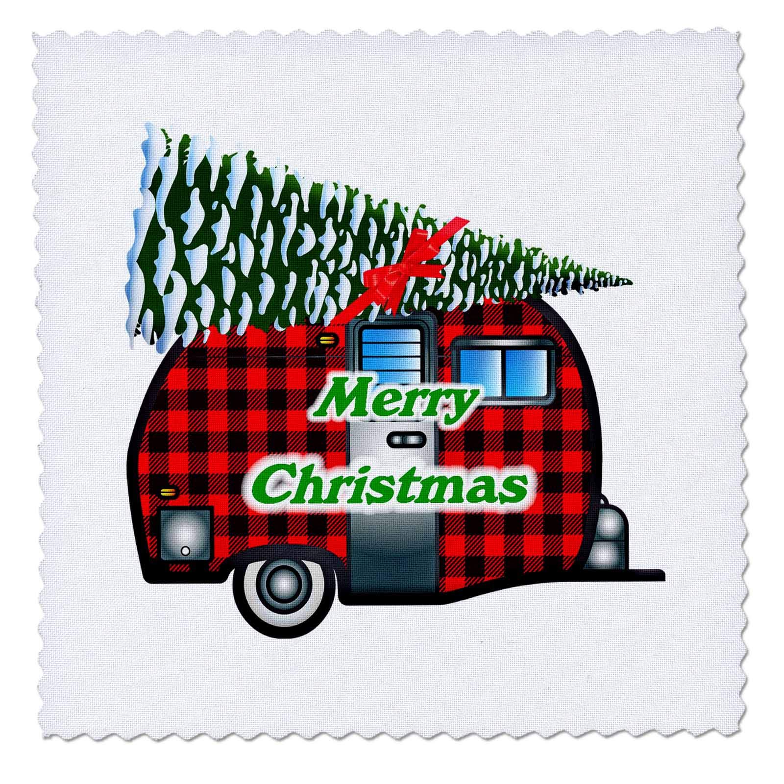 3dRose 14x14 inch Quilt Square, Image of Retro Camper in Plaid Hauling Christmas T