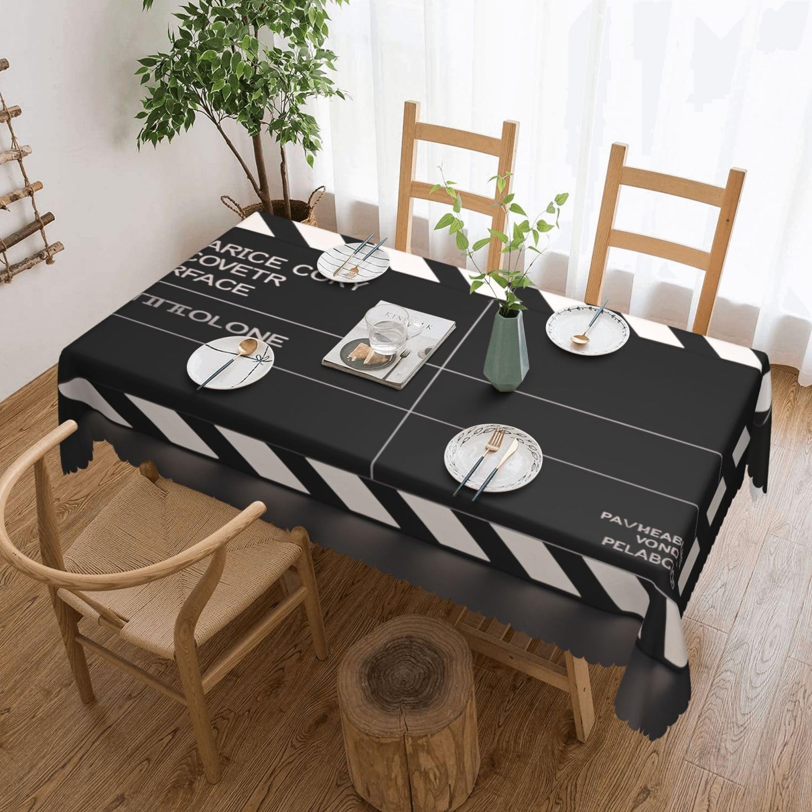 WPKJU Classic Movie Clapboard Black Printed Rectangle Tablecloth 72x54 Inch with Lace Trim, Water-Resistant Washable Table Cover for Farmhouse Weddings, Outdoor Picnics & Holiday Dining
