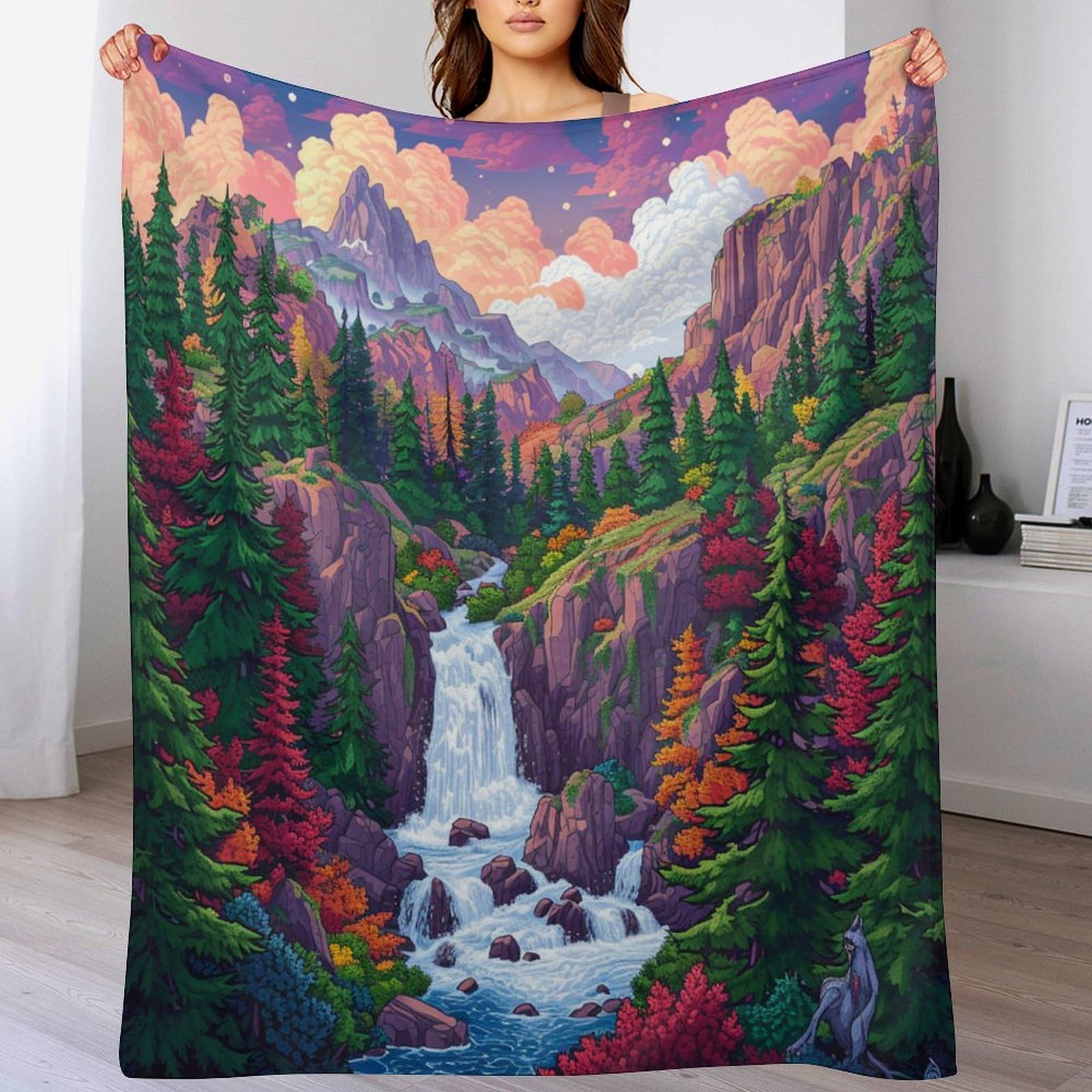Couverture flannel montagnes et cascades 100x130cm douce pour lit et canapé